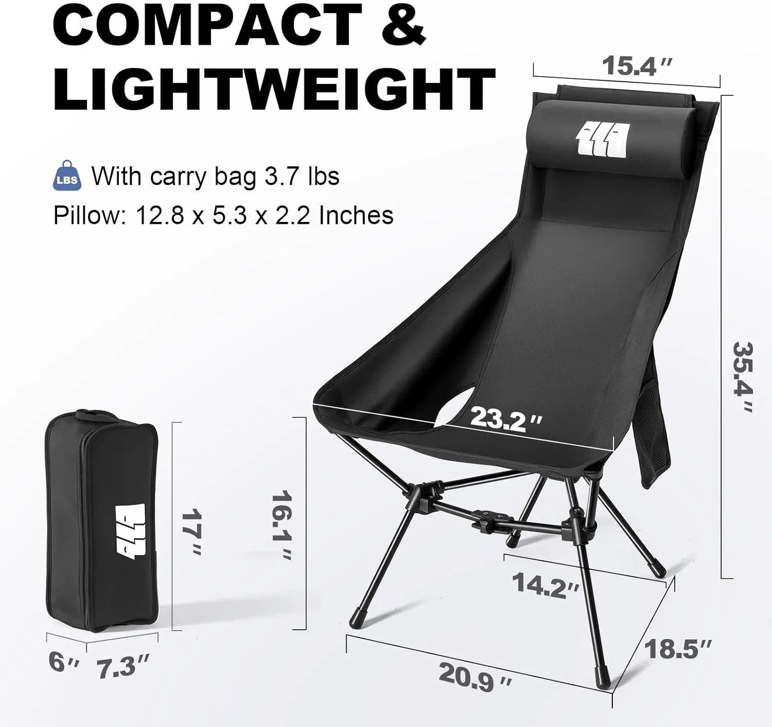Camping Chair, High Back Folding Camping Chair with Removable Headrest and Carry Bag, Heavy Duty Compact Chair for Outdoor Camp, Travel, Beach, Picnic, Fishing, Suitable for Adults (Black)