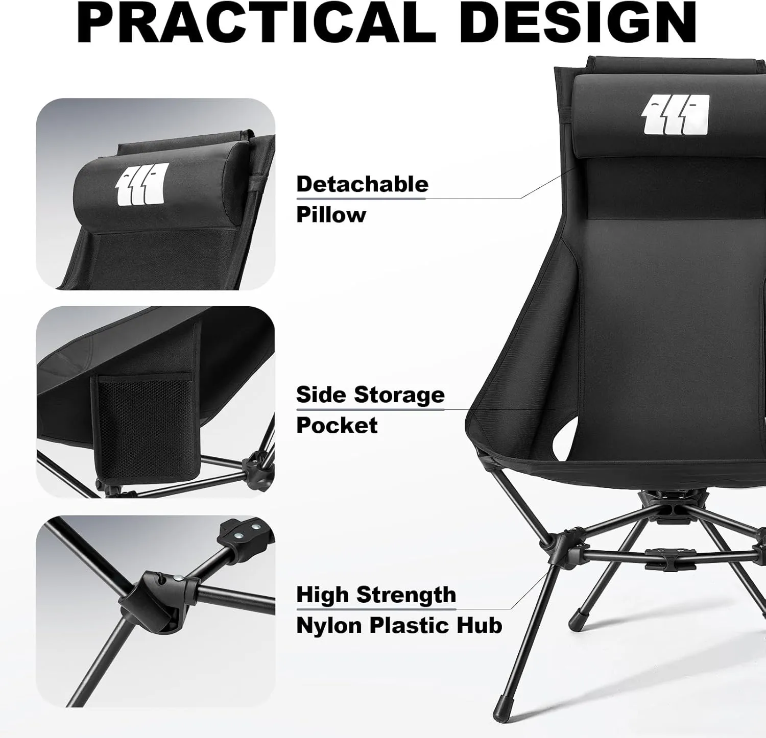 Camping Chair, High Back Folding Camping Chair with Removable Headrest and Carry Bag, Heavy Duty Compact Chair for Outdoor Camp, Travel, Beach, Picnic, Fishing, Suitable for Adults (Black)