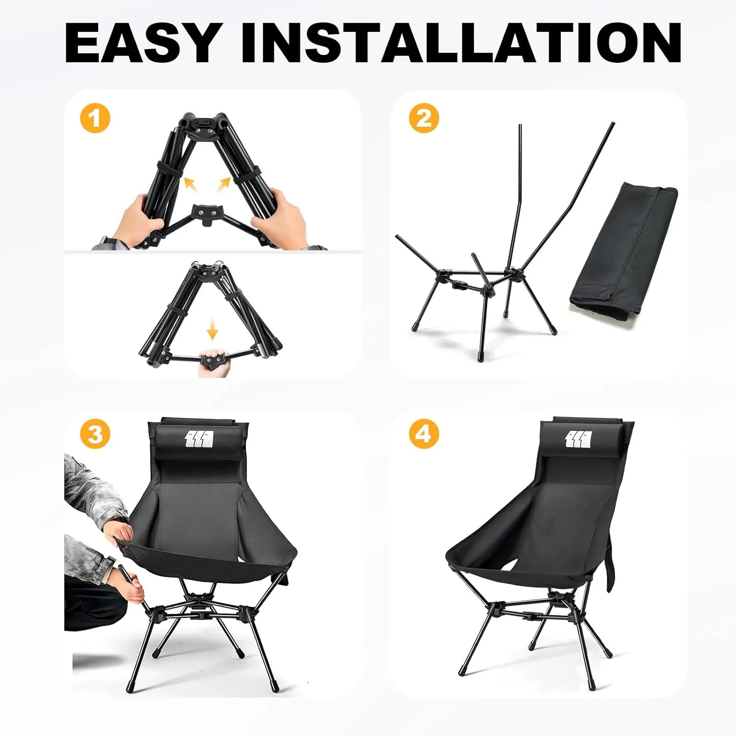 Camping Chair, High Back Folding Camping Chair with Removable Headrest and Carry Bag, Heavy Duty Compact Chair for Outdoor Camp, Travel, Beach, Picnic, Fishing, Suitable for Adults (Black)