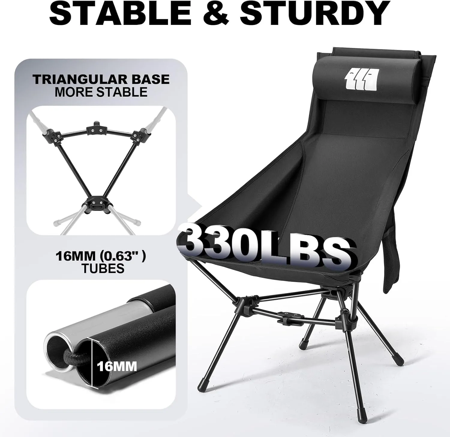 Camping Chair, High Back Folding Camping Chair with Removable Headrest and Carry Bag, Heavy Duty Compact Chair for Outdoor Camp, Travel, Beach, Picnic, Fishing, Suitable for Adults (Black)