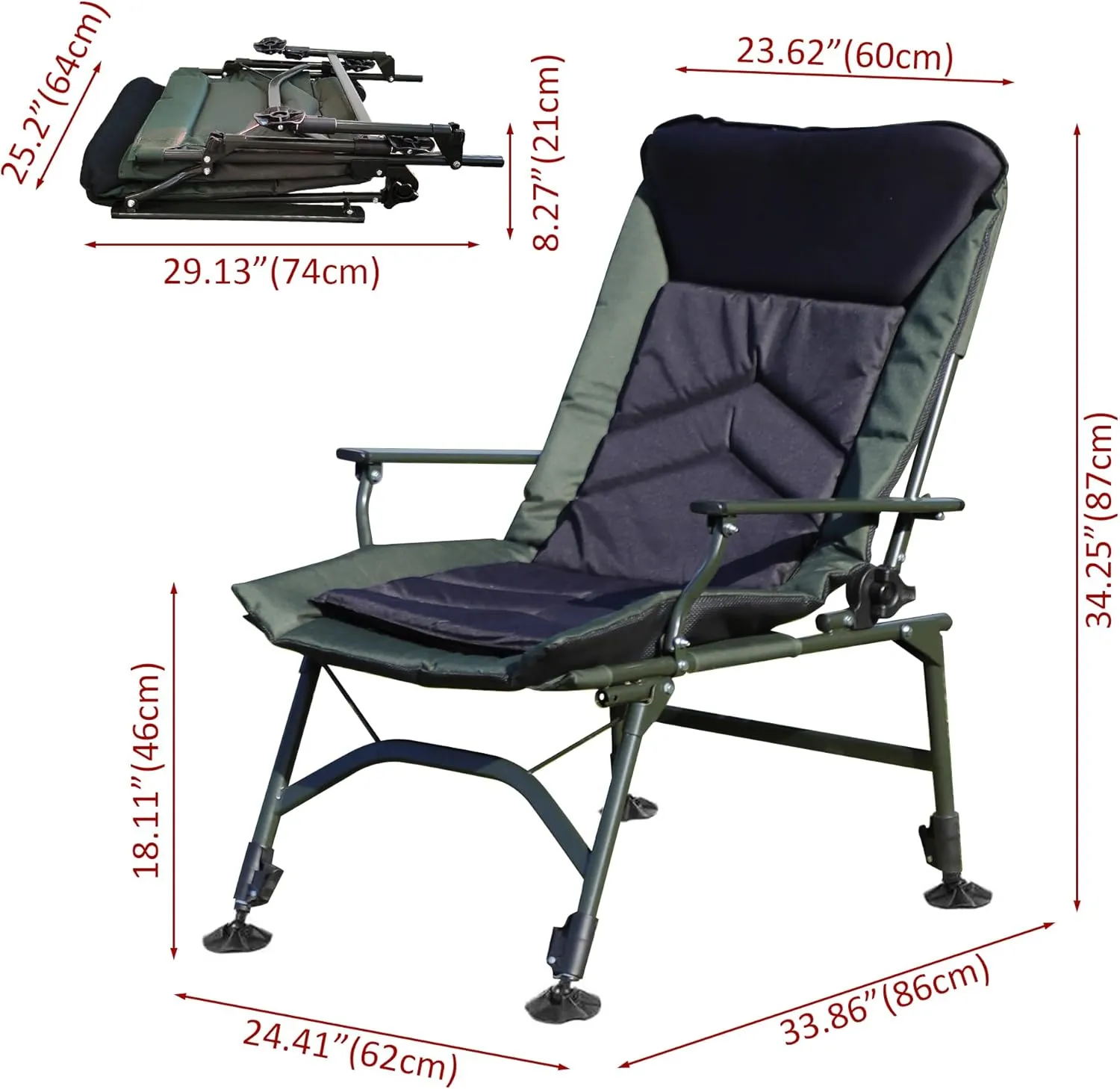 Camping Chair, High Back Heavy Duty Lawn Folding Chair, Support 330 LBS, with Adjustable Legs and Backrest, for Fishing, Beach, Leisure or Outdoor, Green   Black