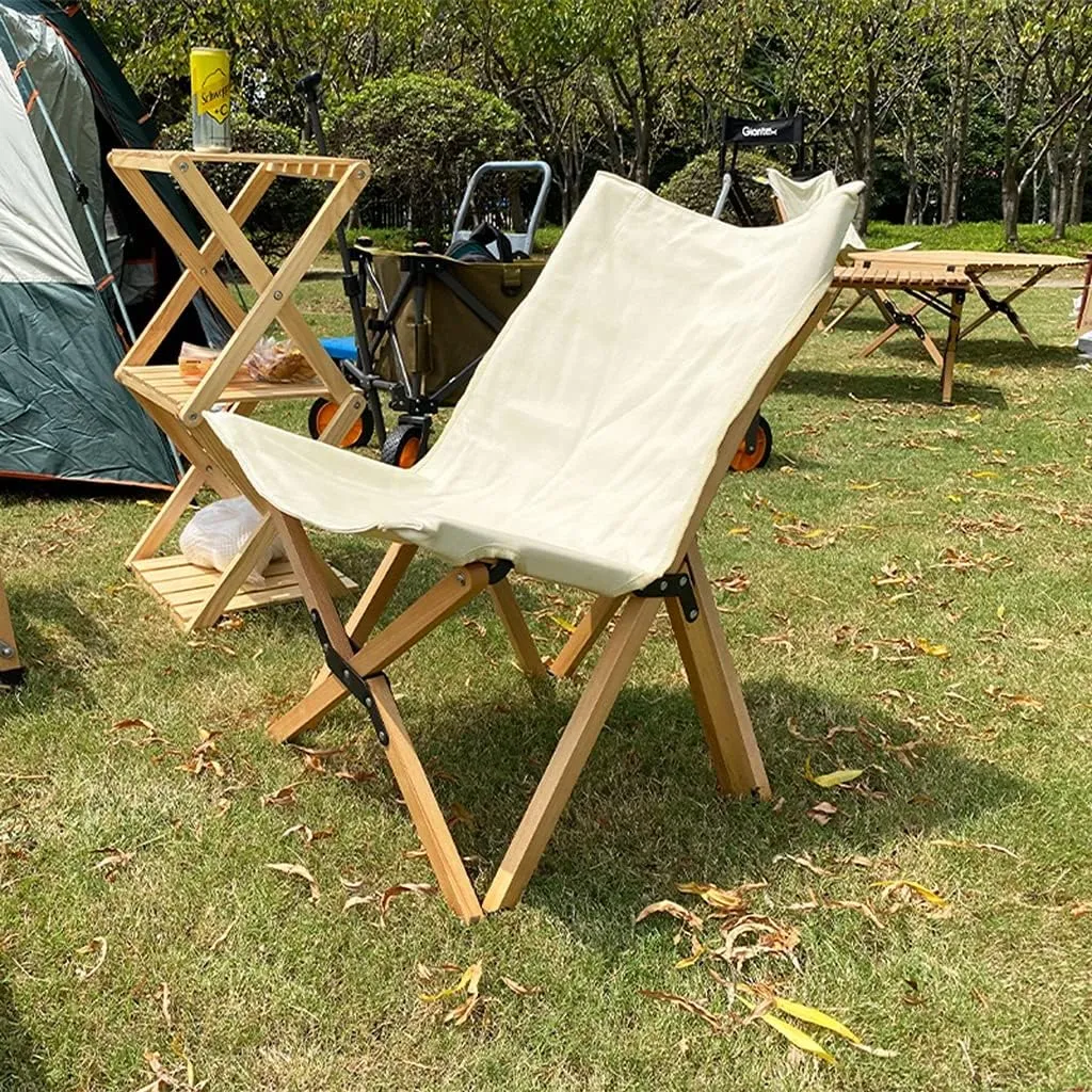 Camping Chair Outdoor Fishing Chairs Balcony Lounge Chair Portable Camping Beach Chair Outdoor Courtyard High Back Chair, 52*45*66.5cm, Natural