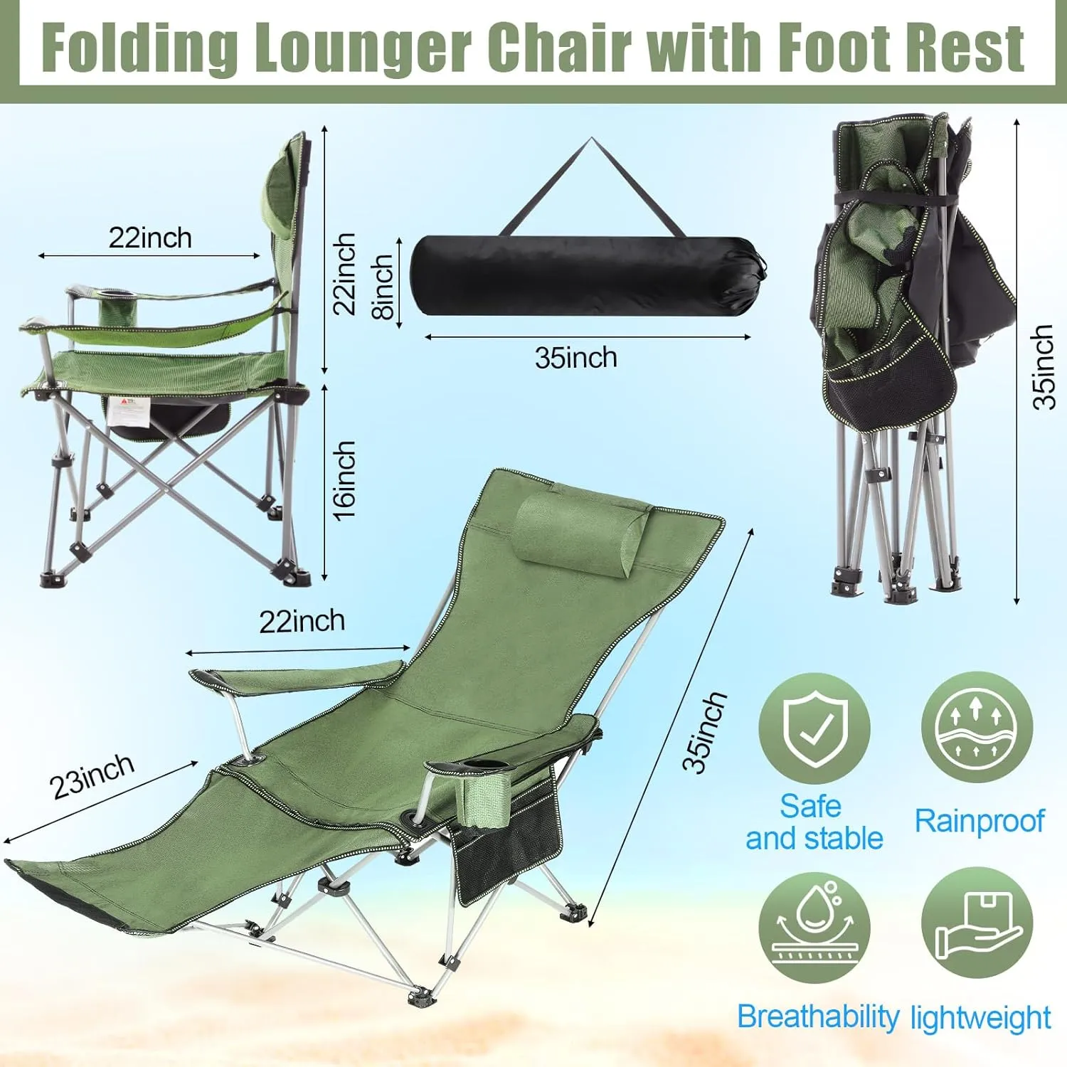 Camping Chair with Umbrella Reclining Chair with Foot Rest with Universal Clamp UPF 50  360 Degree Adjustable Umbrella Portable Lightweight Foldable for Outdoor