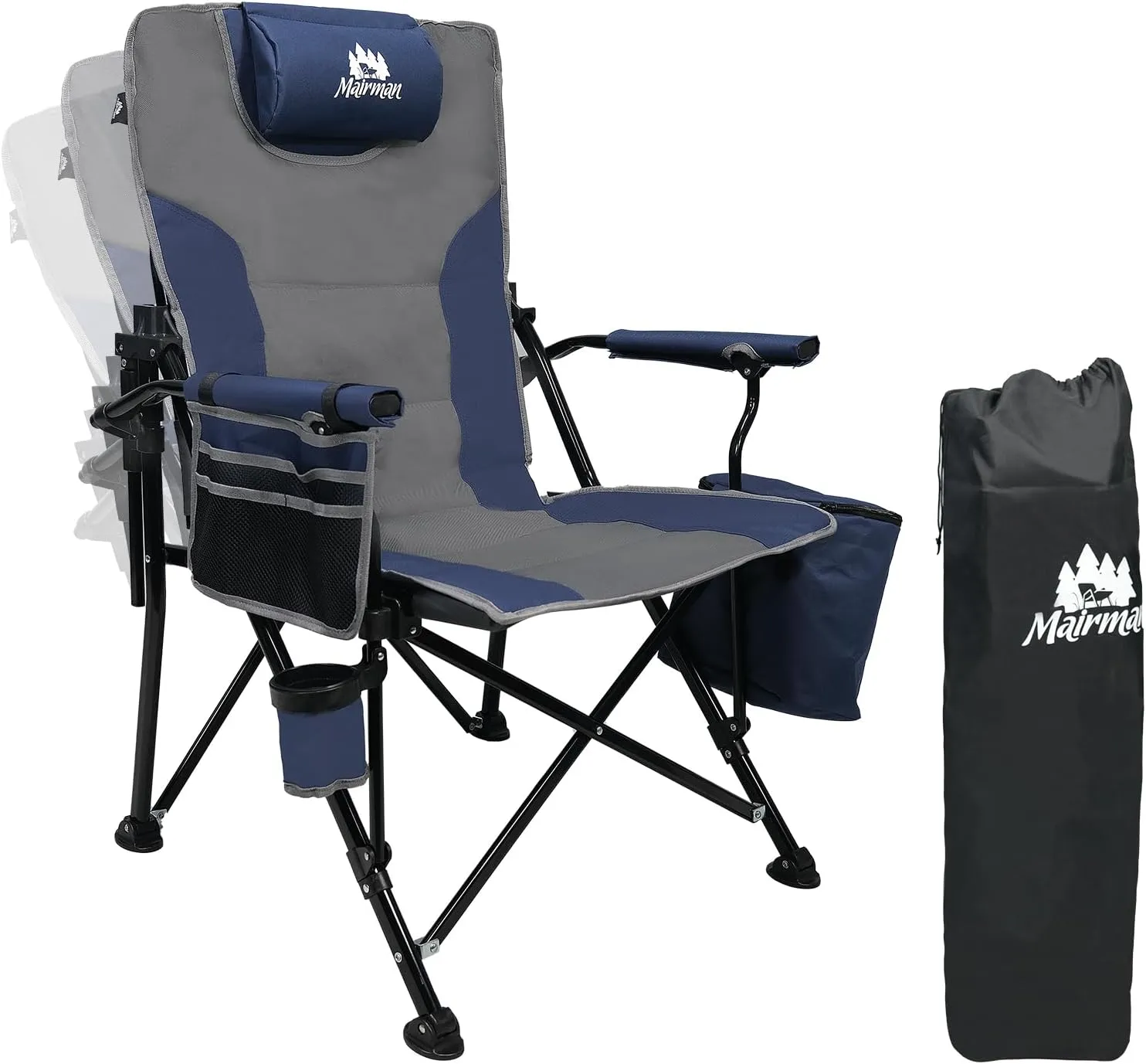 Camping Chairs Adjustable Backrest, Supports up to 350lbs Lawn Chair, Folding Chairs with Cup Holder, Cooler Bag, Removable Pillow, for Camping, Fishing, RV Trip (Blue&Grey)