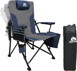 Camping Chairs Adjustable Backrest, Supports up to 350lbs Lawn Chair, Folding Chairs with Cup Holder, Cooler Bag, Removable Pillow, for Camping, Fishing, RV Trip (Blue&Grey)