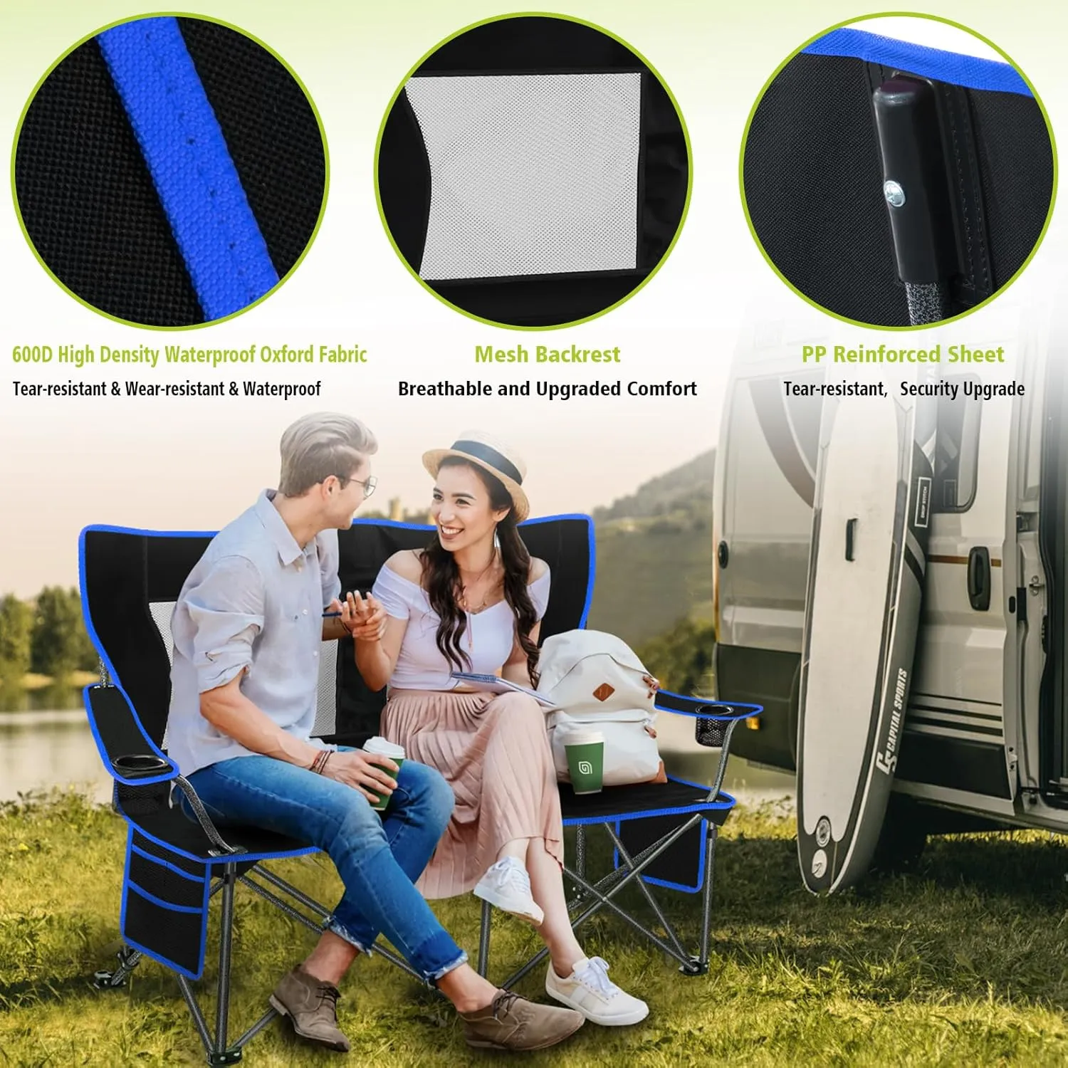 Camping Chairs Oversized Camping Chair Portable Lawn Chair Double Camping Chair for Adults Heavy Duty Folding Chair Support 700LBS with Big Side Organizer Pockets for Camping/Car Trunk/Beach/Campfires