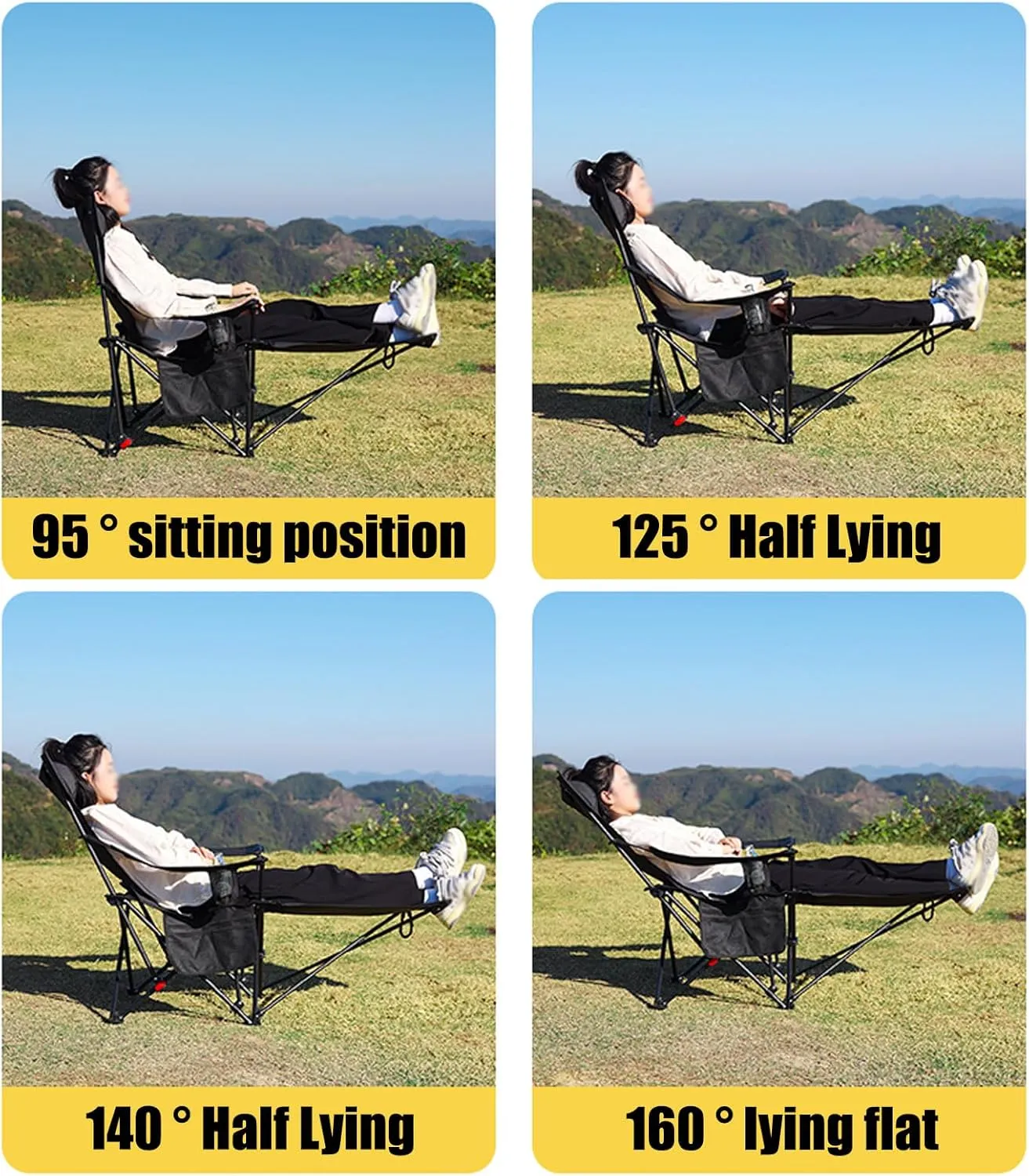 Camping Folding Chair - Outdoor Recliner, Four Adjustable Angles, Detachable Foot Rest, Side Storage Bag, Load-bearing Capacity of 150kg, Suitable for Camping and Beach, 53CM*165CM*80CM, Khaki