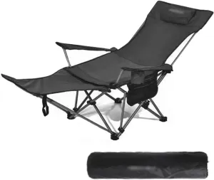 Camping Folding Chair - Outdoor Recliner, Four Adjustable Angles, Detachable Foot Rest, Side Storage Bag, Load-bearing Capacity of 150kg, Suitable for Camping and Beach, 53CM*165CM*80CM, Khaki