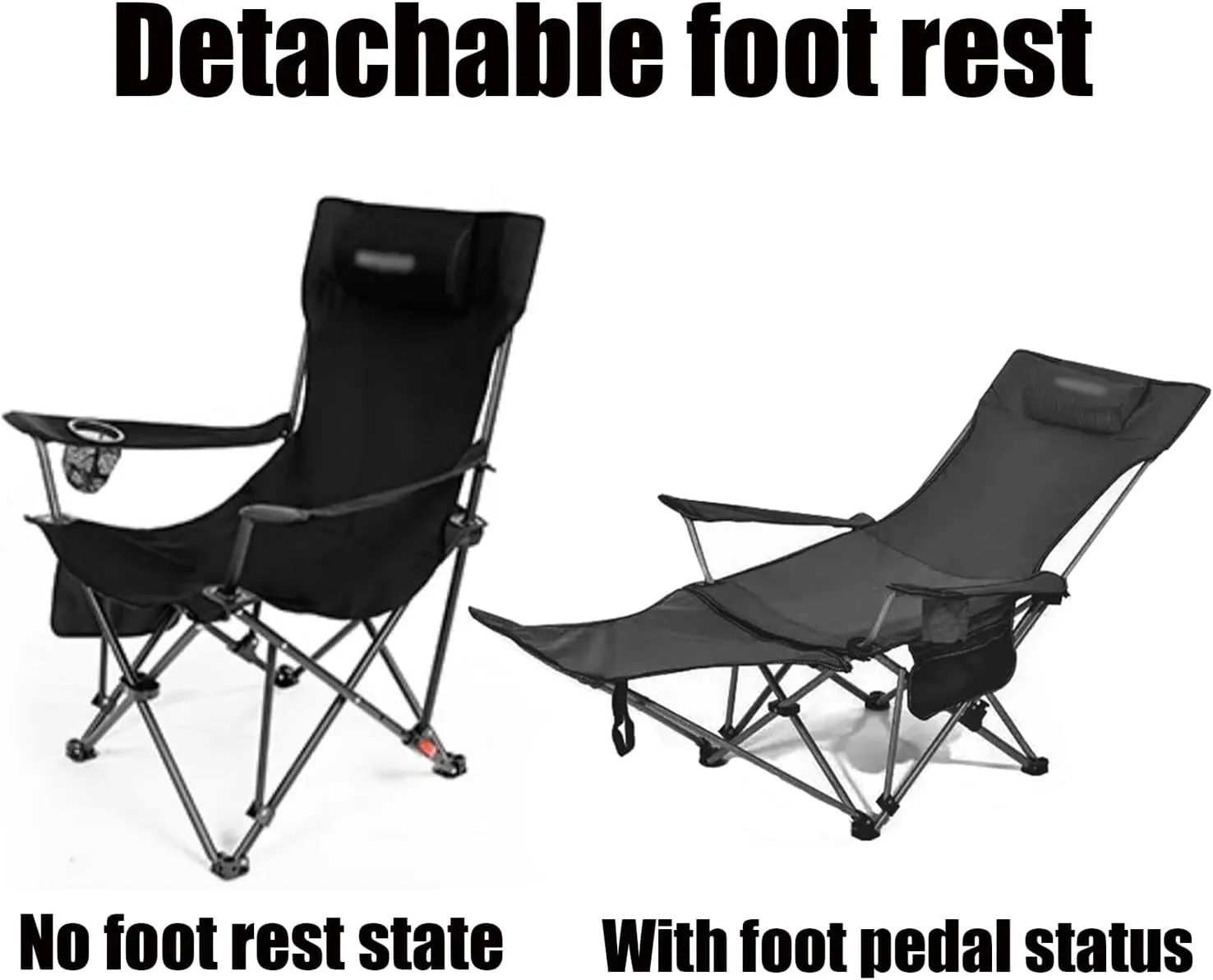 Camping Folding Chair - Outdoor Recliner, Four Adjustable Angles, Detachable Foot Rest, Side Storage Bag, Load-bearing Capacity of 150kg, Suitable for Camping and Beach, 53CM*165CM*80CM, Khaki