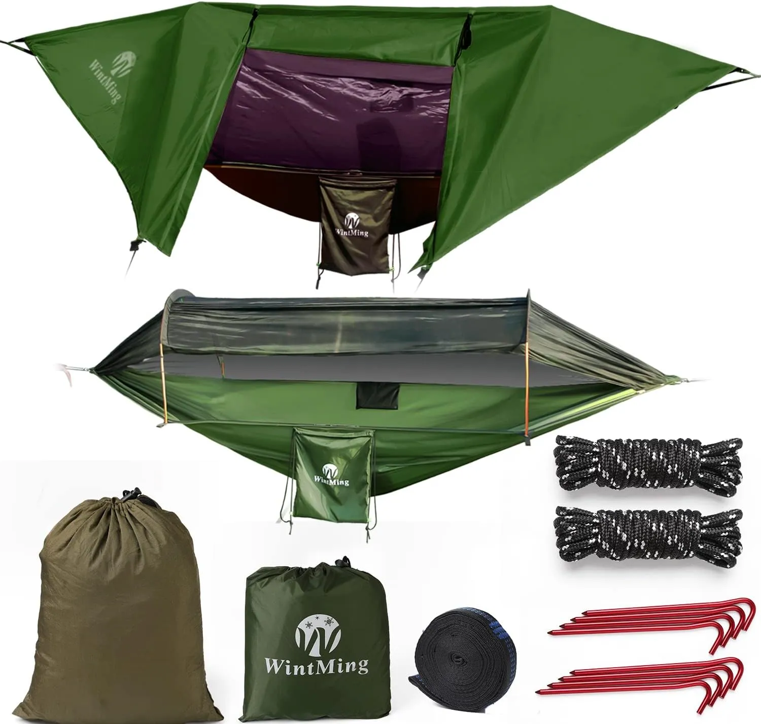 Camping Hammock with Mosquito Net and Rain Fly Cover Portable Lightweight 230T Nylon Hammocks with Removable Bug Net Outdoor Hiking Backpacking Travel Camping (Army Green)