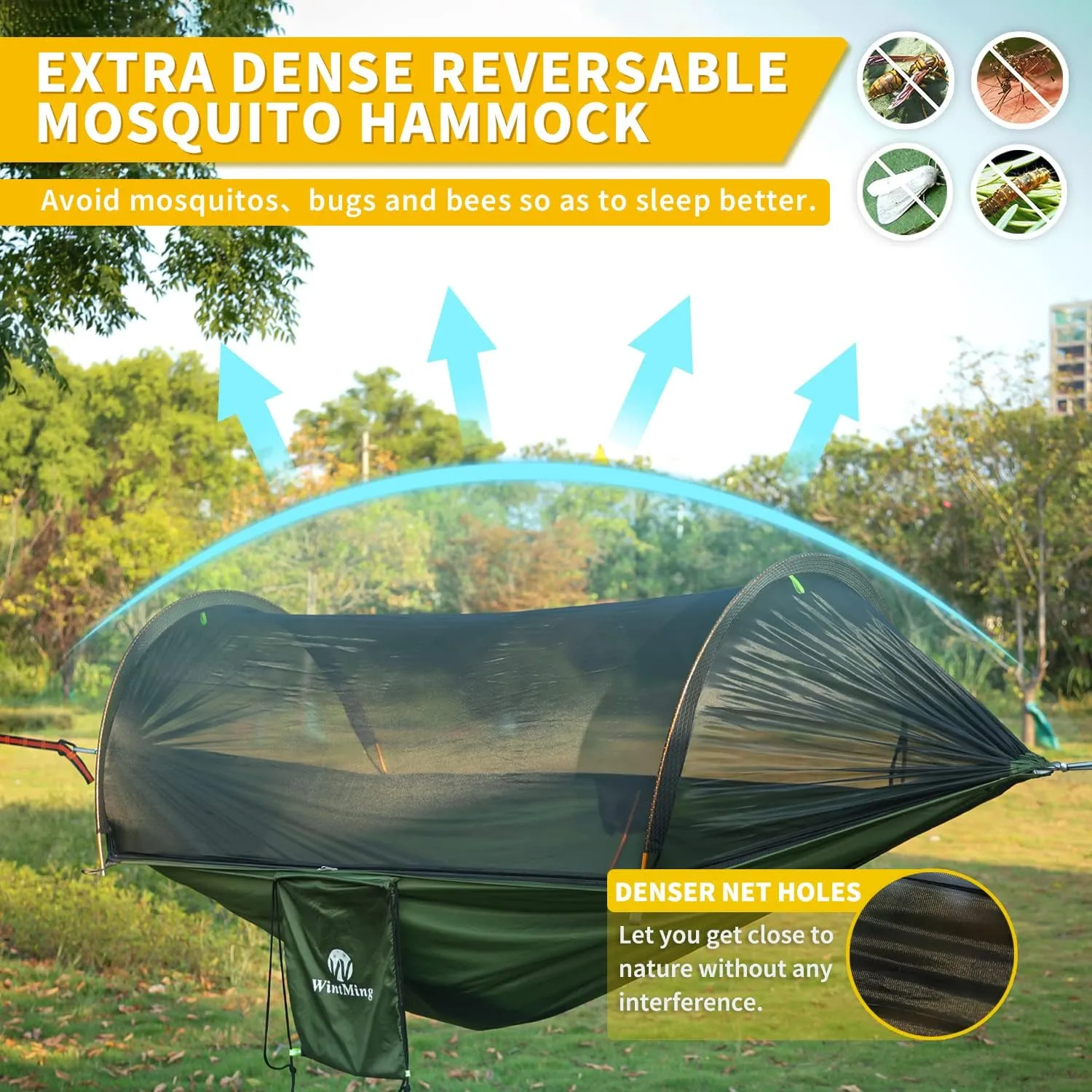 Camping Hammock with Mosquito Net and Rain Fly Cover Portable Lightweight 230T Nylon Hammocks with Removable Bug Net Outdoor Hiking Backpacking Travel Camping (Army Green)