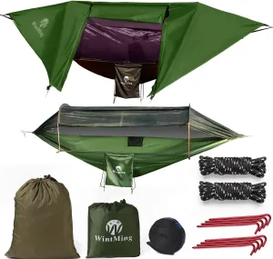 Camping Hammock with Mosquito Net and Rain Fly Cover Portable Lightweight 230T Nylon Hammocks with Removable Bug Net Outdoor Hiking Backpacking Travel Camping (Army Green)