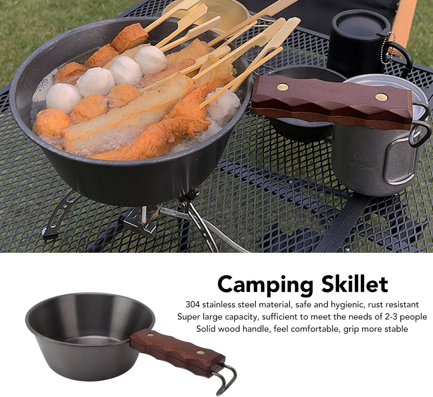 Camping Skillet, 2000ML Large Capacity Frying Pan Skillet with Wood Handle, 304 Stainless Steel Material, Included A Storage Bag, for Camping, Hiking, Picnics
