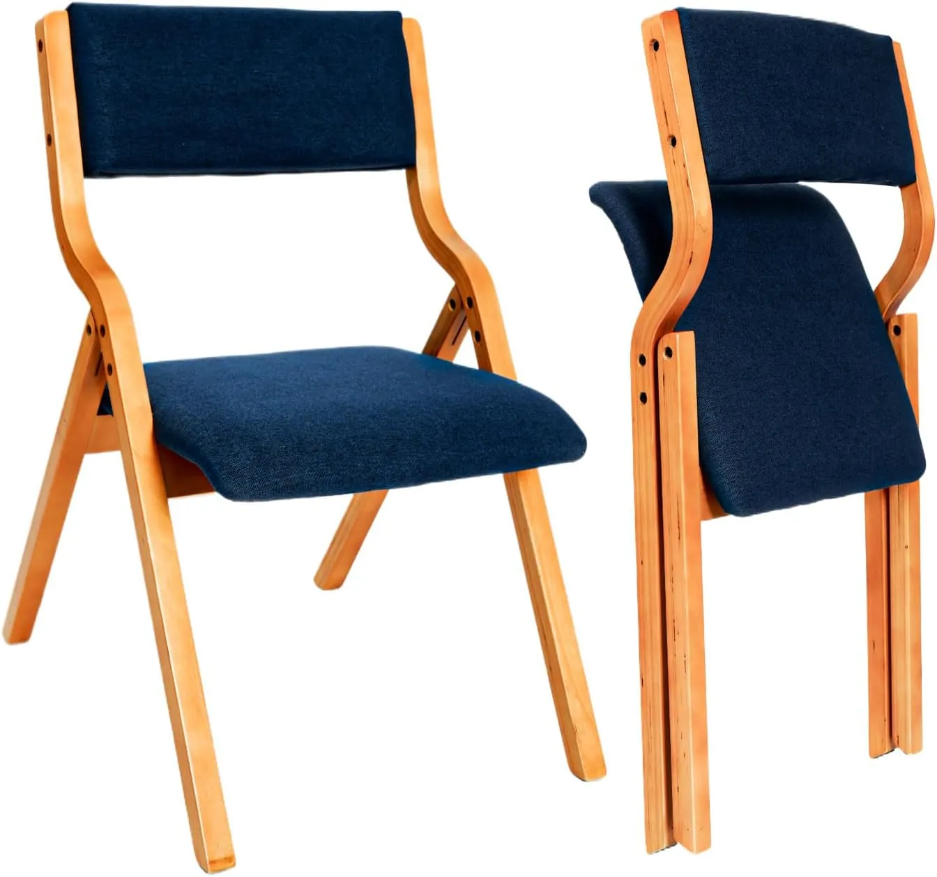 CangLong Padded Foldable Chairs Set of 2 with Solid Wood Frame, Stackable and Assembled Fabric Chair for Guests Kitchen Office Wedding and Party, Teak Blue