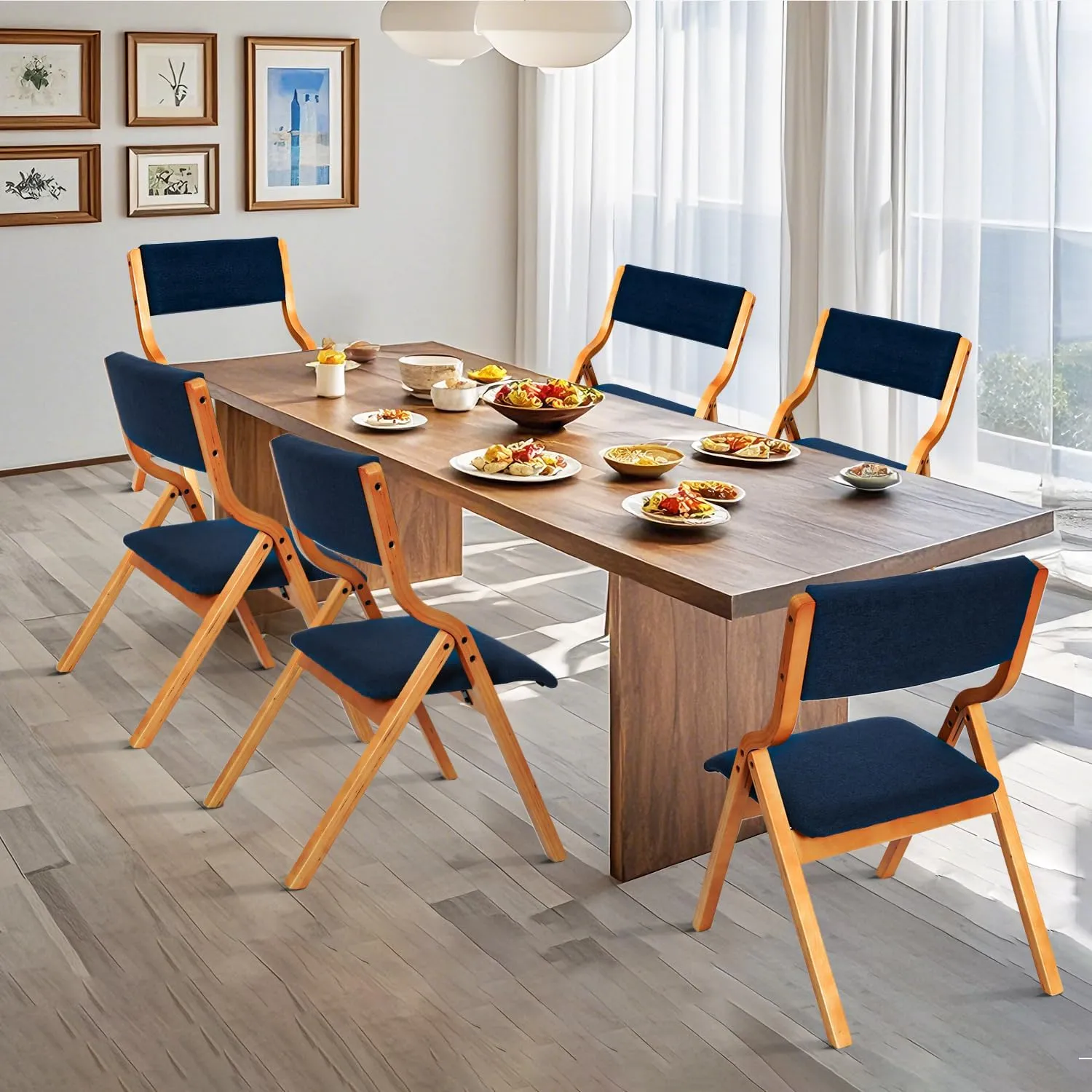 CangLong Padded Foldable Chairs Set of 2 with Solid Wood Frame, Stackable and Assembled Fabric Chair for Guests Kitchen Office Wedding and Party, Teak Blue