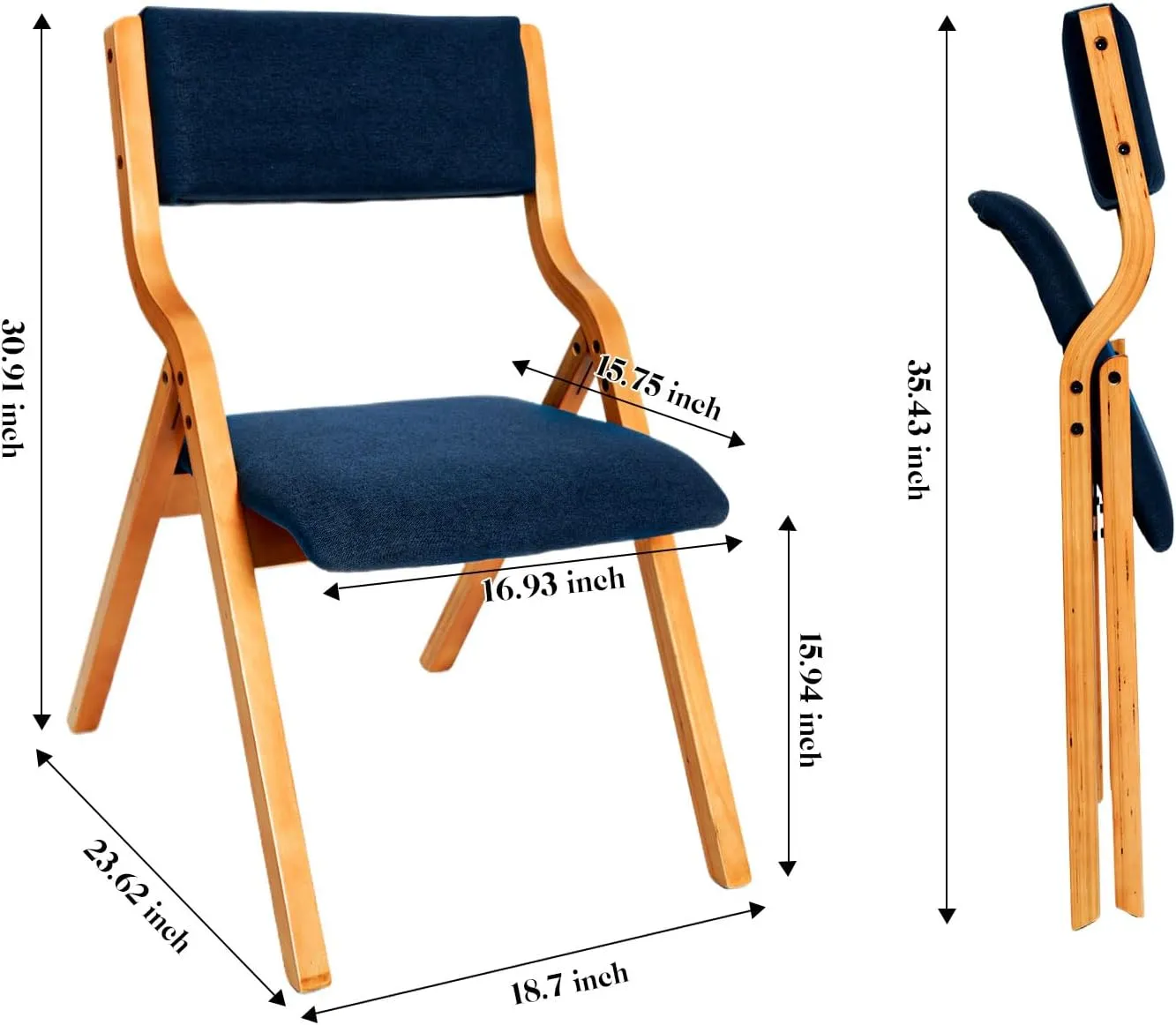 CangLong Padded Foldable Chairs Set of 2 with Solid Wood Frame, Stackable and Assembled Fabric Chair for Guests Kitchen Office Wedding and Party, Teak Blue