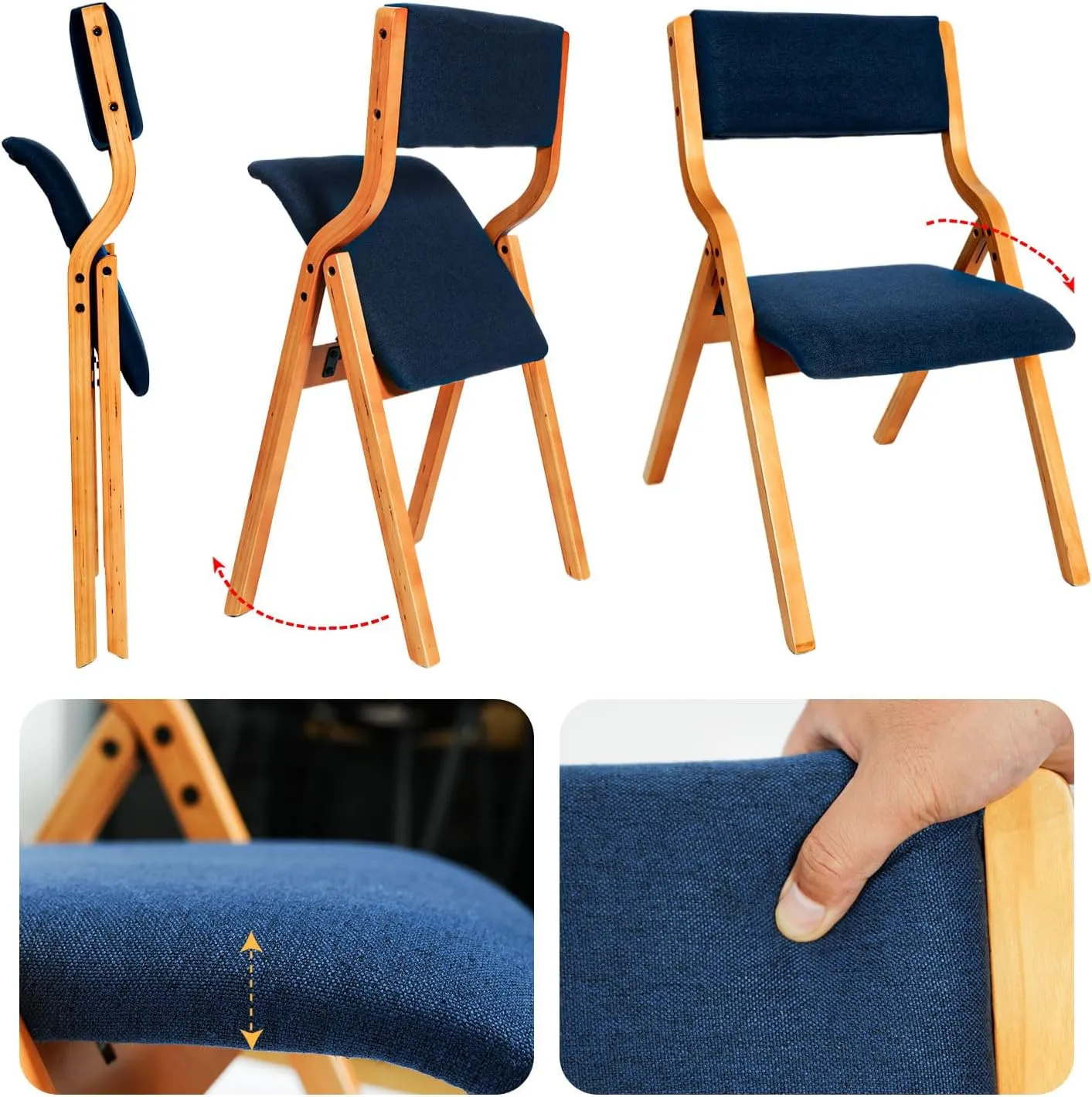 CangLong Padded Foldable Chairs Set of 2 with Solid Wood Frame, Stackable and Assembled Fabric Chair for Guests Kitchen Office Wedding and Party, Teak Blue