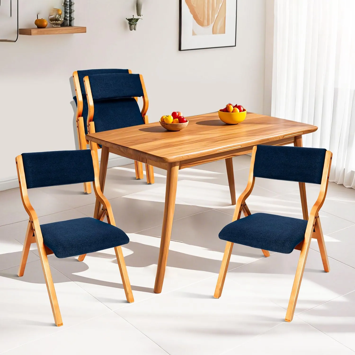 CangLong Padded Foldable Chairs Set of 2 with Solid Wood Frame, Stackable and Assembled Fabric Chair for Guests Kitchen Office Wedding and Party, Teak Blue