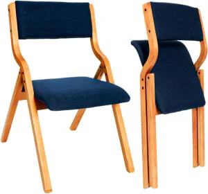 CangLong Padded Foldable Chairs Set of 2 with Solid Wood Frame, Stackable and Assembled Fabric Chair for Guests Kitchen Office Wedding and Party, Teak Blue