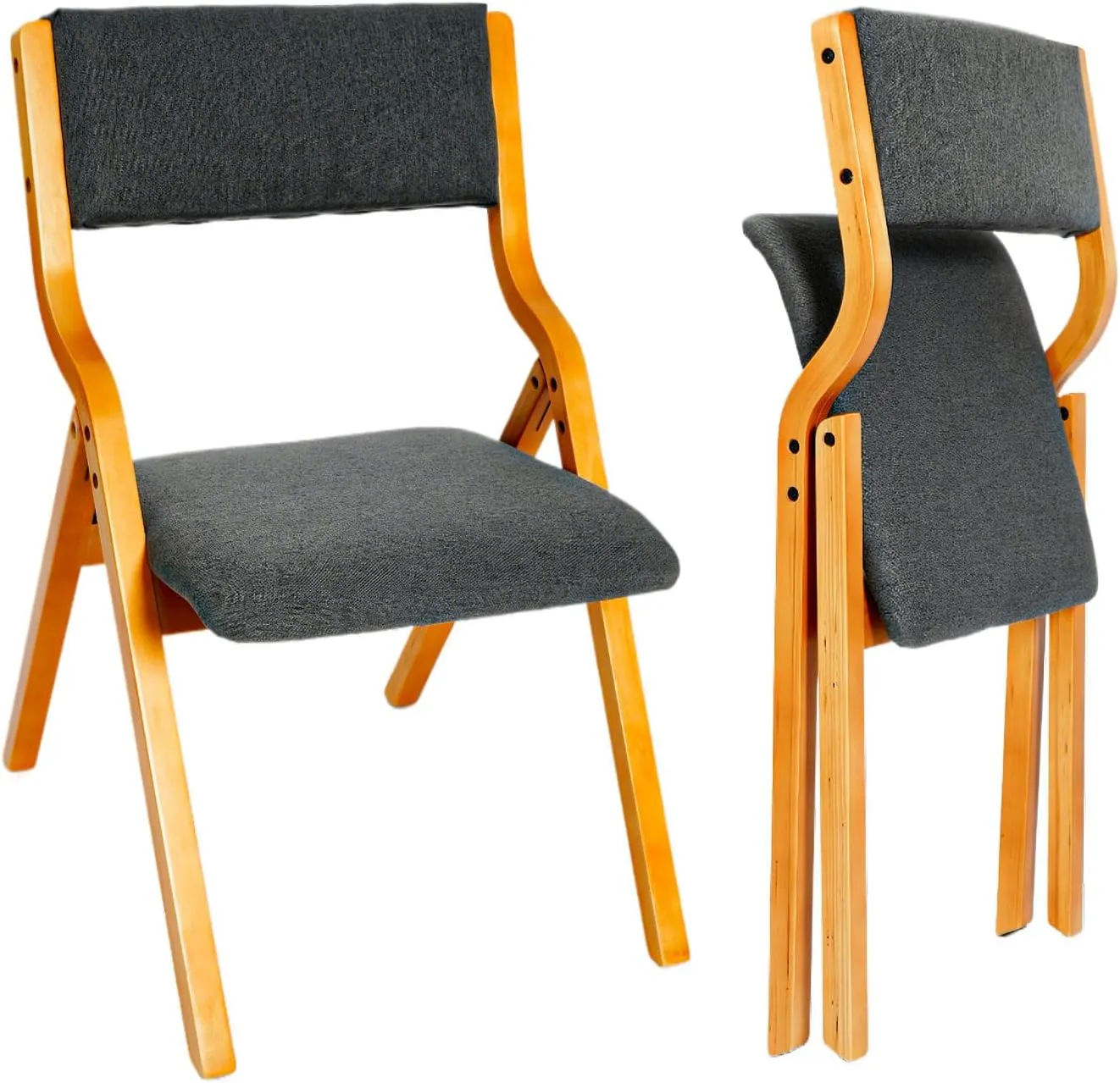CangLong Padded Foldable Chairs Set of 2 with Solid Wood Frame, Stackable and Assembled Fabric Chair for Guests Kitchen Office Wedding and Party, Teak Grey