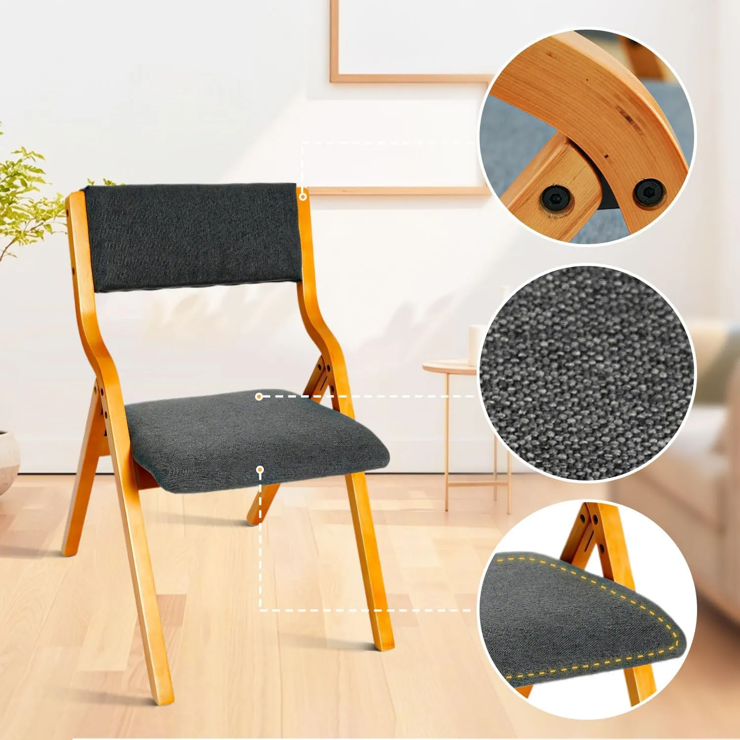 CangLong Padded Foldable Chairs Set of 2 with Solid Wood Frame, Stackable and Assembled Fabric Chair for Guests Kitchen Office Wedding and Party, Teak Grey
