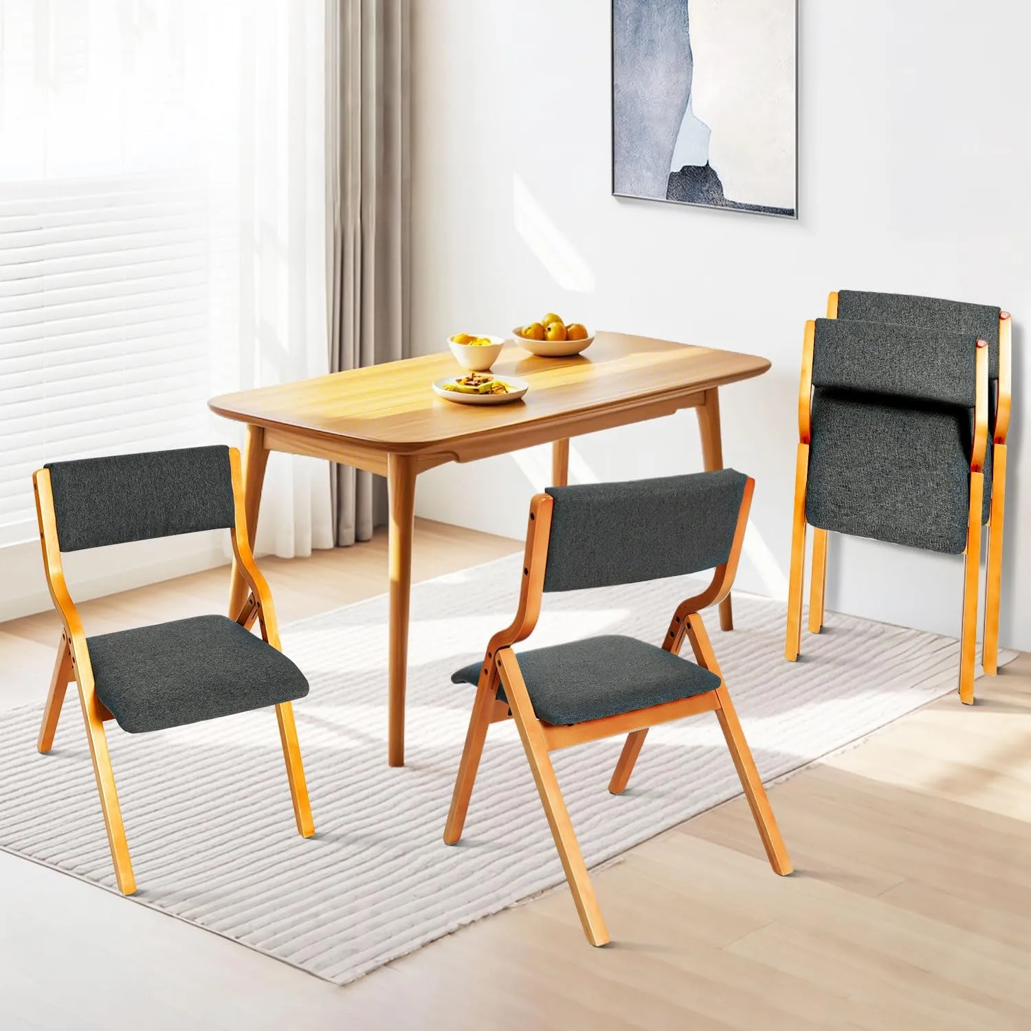 CangLong Padded Foldable Chairs Set of 2 with Solid Wood Frame, Stackable and Assembled Fabric Chair for Guests Kitchen Office Wedding and Party, Teak Grey