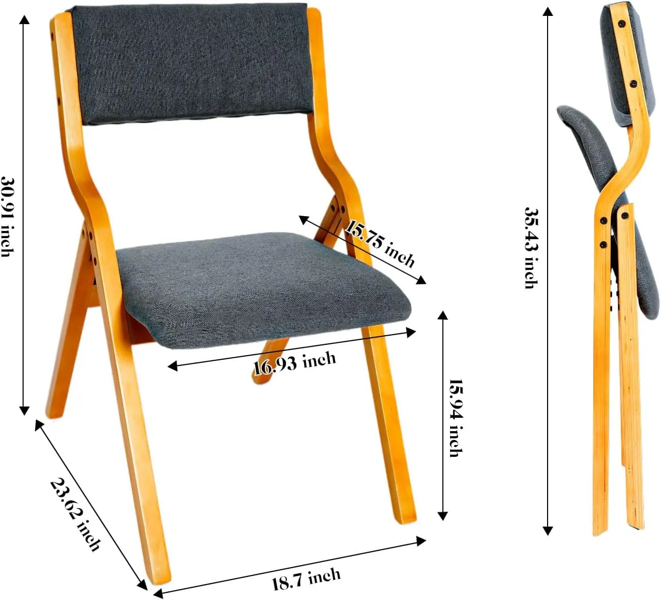 CangLong Padded Foldable Chairs Set of 2 with Solid Wood Frame, Stackable and Assembled Fabric Chair for Guests Kitchen Office Wedding and Party, Teak Grey