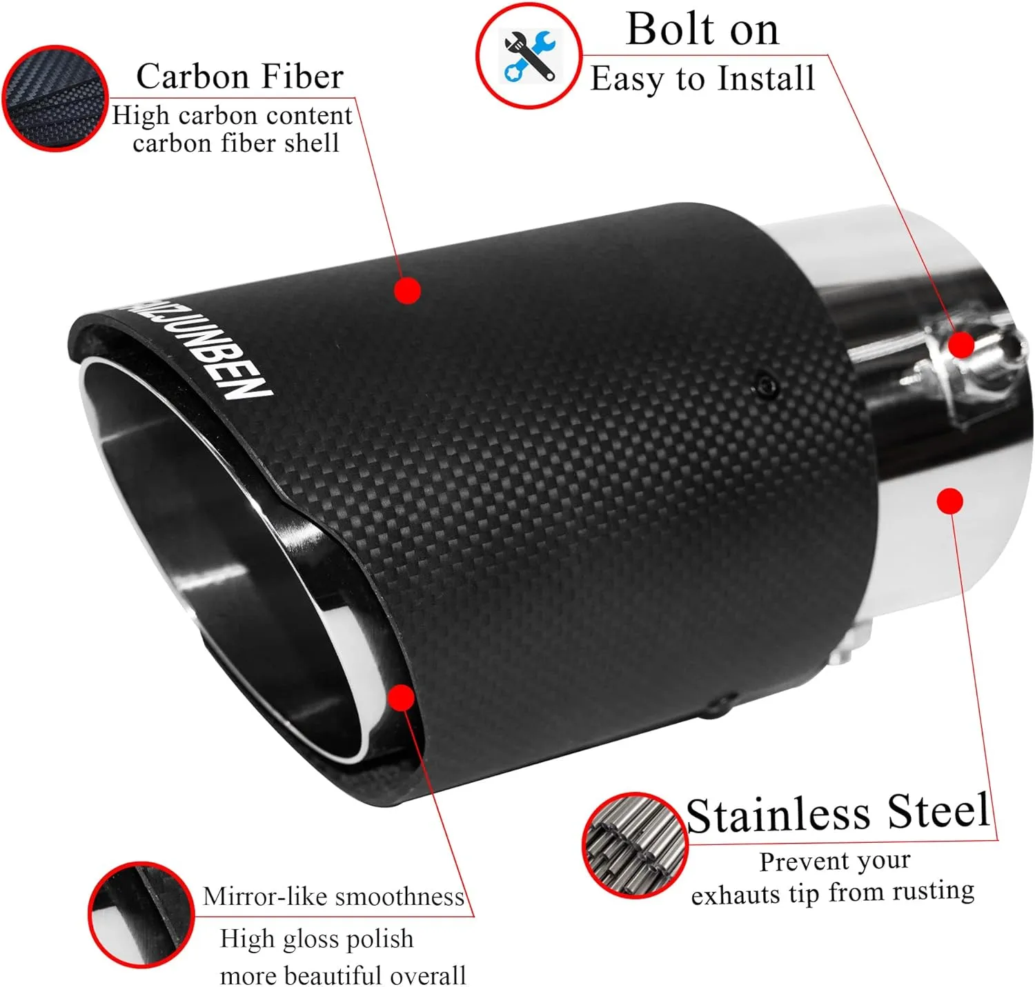 carbon fiber exhaust tip inlet 2.8" outlet 3.5" length 6.5", frosted carbon fiber exhaust tip - bolt-on, for 1.8"-2.8" OD car exhaust pipe