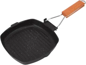Carbon Steel Frying Pan, Non Stick Grill Pan with Folding Beech Handle, Reusable Divided Griiling Pan, Outdoor Household Energy Saving Skillet Pan for Breakfast, Steak, Omelet(28x28cm)