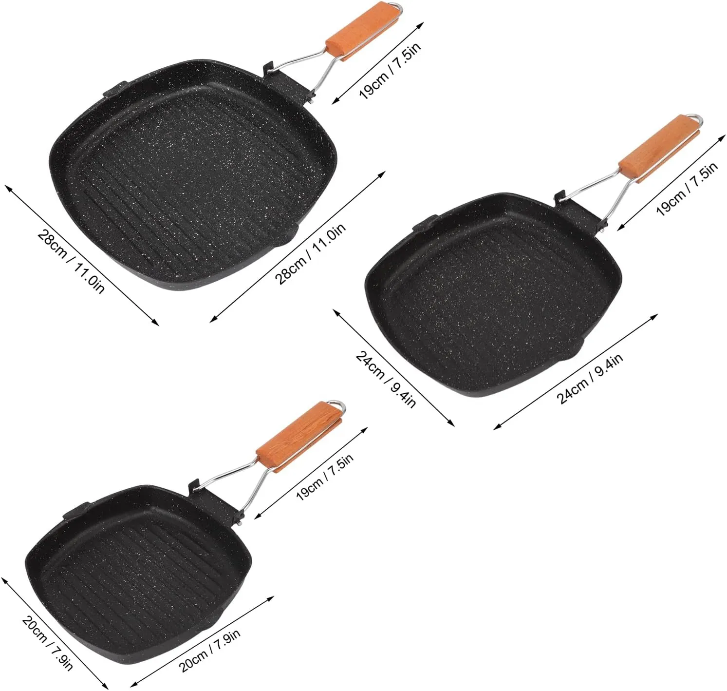 Carbon Steel Frying Pan, Non Stick Grill Pan with Folding Beech Handle, Reusable Divided Griiling Pan, Outdoor Household Energy Saving Skillet Pan for Breakfast, Steak, Omelet(28x28cm)