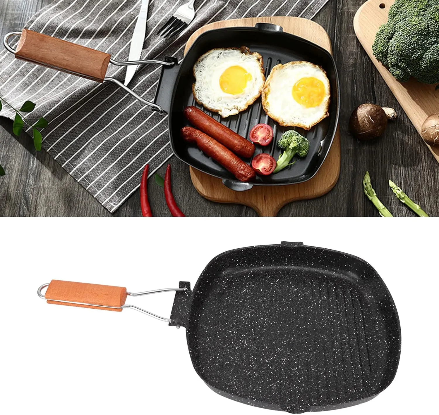 Carbon Steel Frying Pan, Non Stick Grill Pan with Folding Beech Handle, Reusable Divided Griiling Pan, Outdoor Household Energy Saving Skillet Pan for Breakfast, Steak, Omelet(28x28cm)