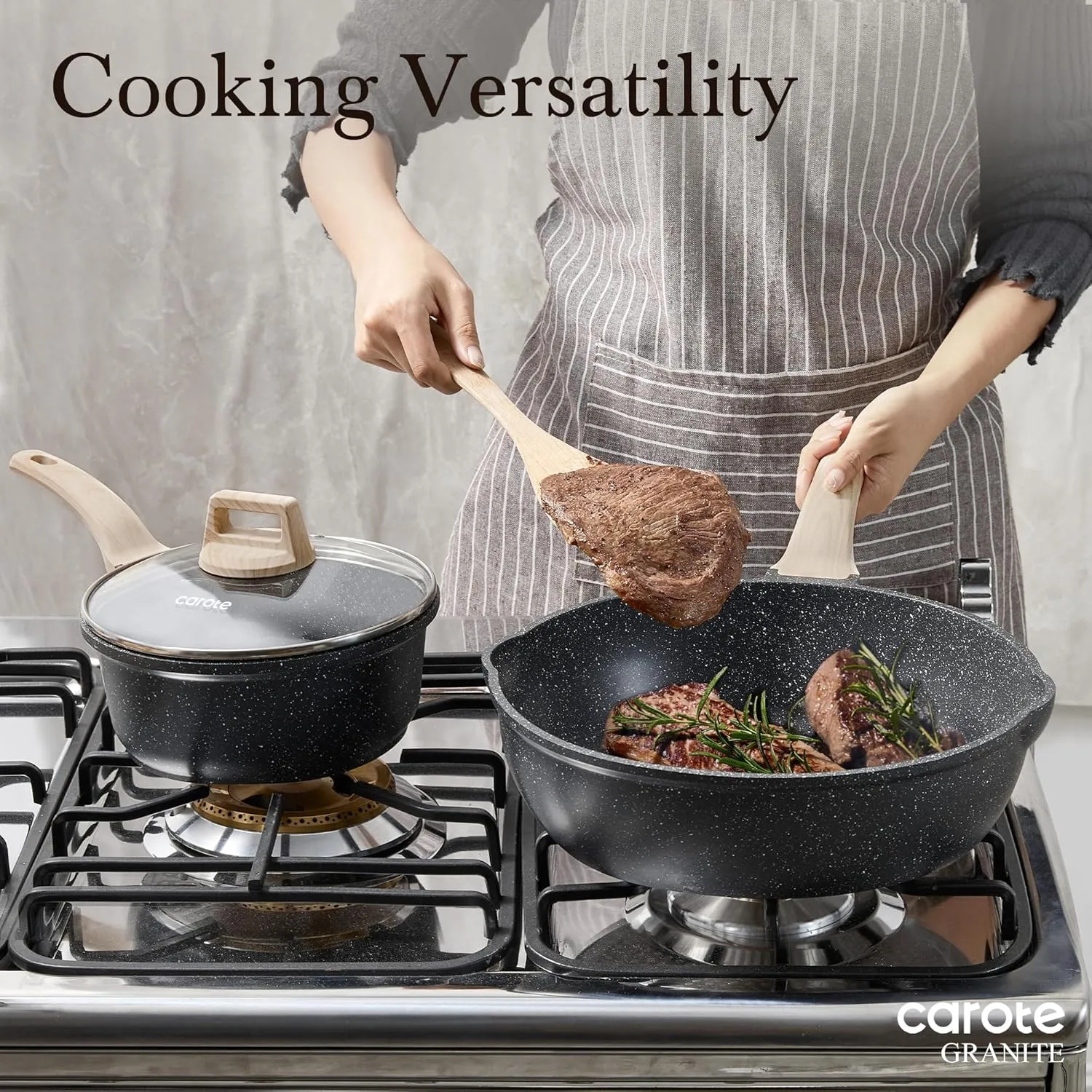 CAROTE 12Inch Nonstick Deep Frying Pan with Lid, 5.5 Qt Jumbo Cooker Saute Pan with Pour Spout, Skillet Induction Cookware, Non Stick Cooking Pan PFOA Free, Classic Granite