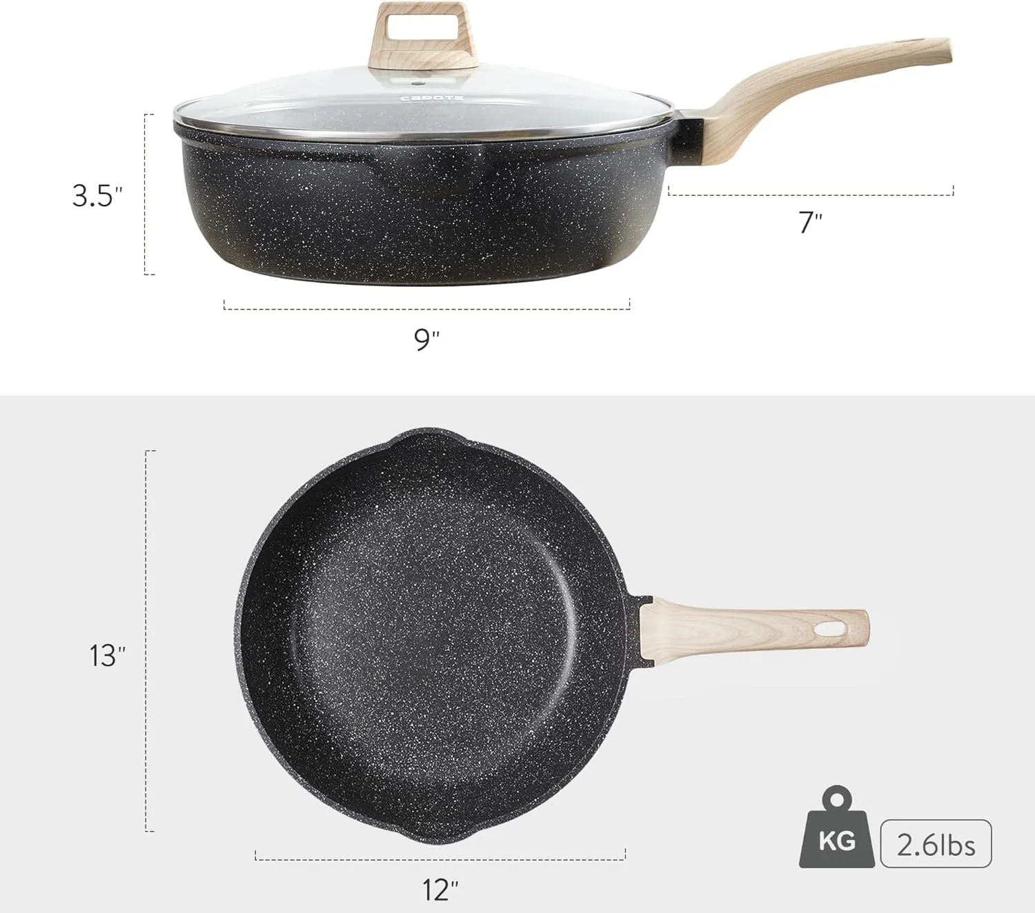 CAROTE 12Inch Nonstick Deep Frying Pan with Lid, 5.5 Qt Jumbo Cooker Saute Pan with Pour Spout, Skillet Induction Cookware, Non Stick Cooking Pan PFOA Free, Classic Granite