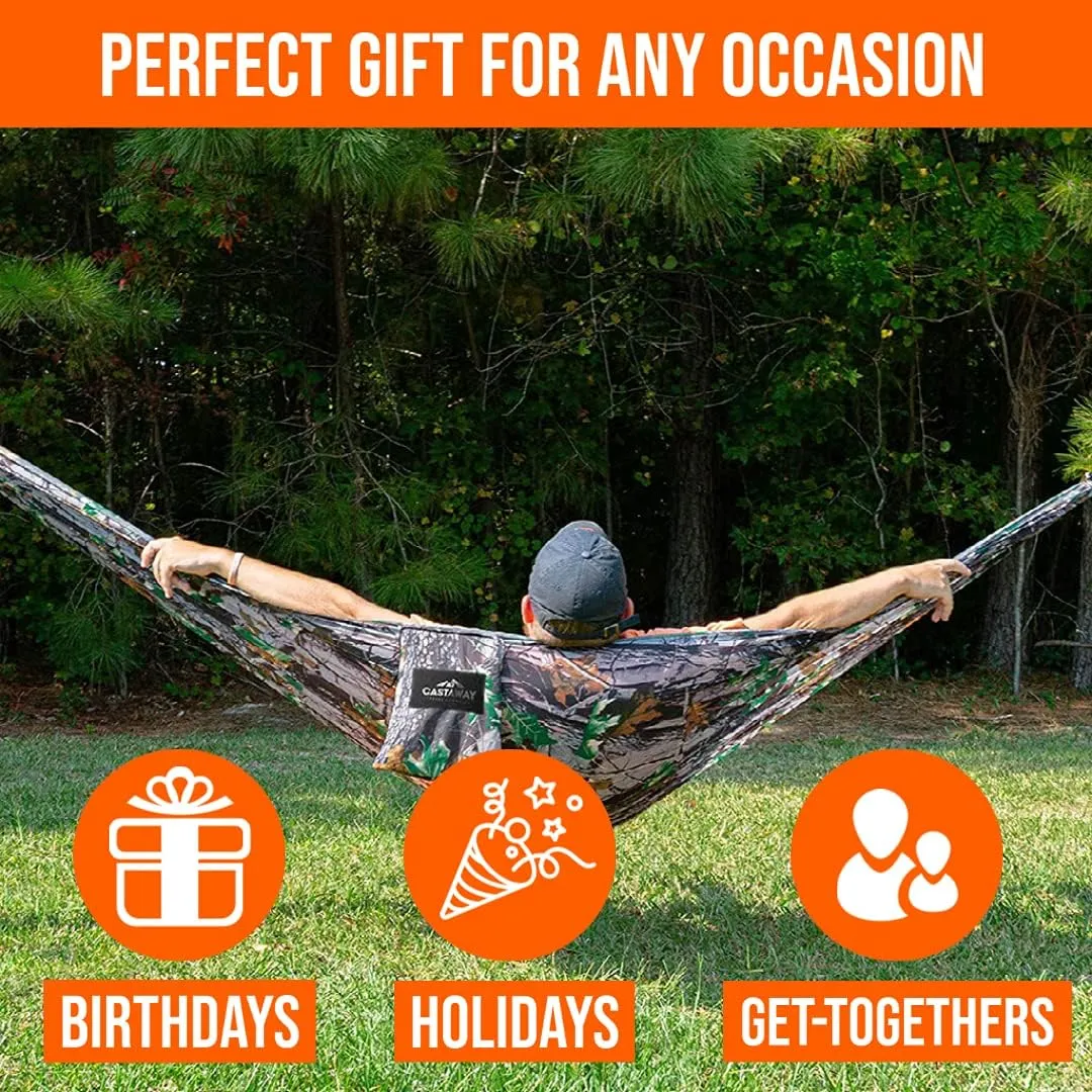 Castaway Travel Hammocks Double Camouflage Camping Hammock with 2 Tree Straps, Triple Stitched Durable Nylon Material, Compact Design for Backpacking, Travel, Beach, Backyard, Patio, Hiking
