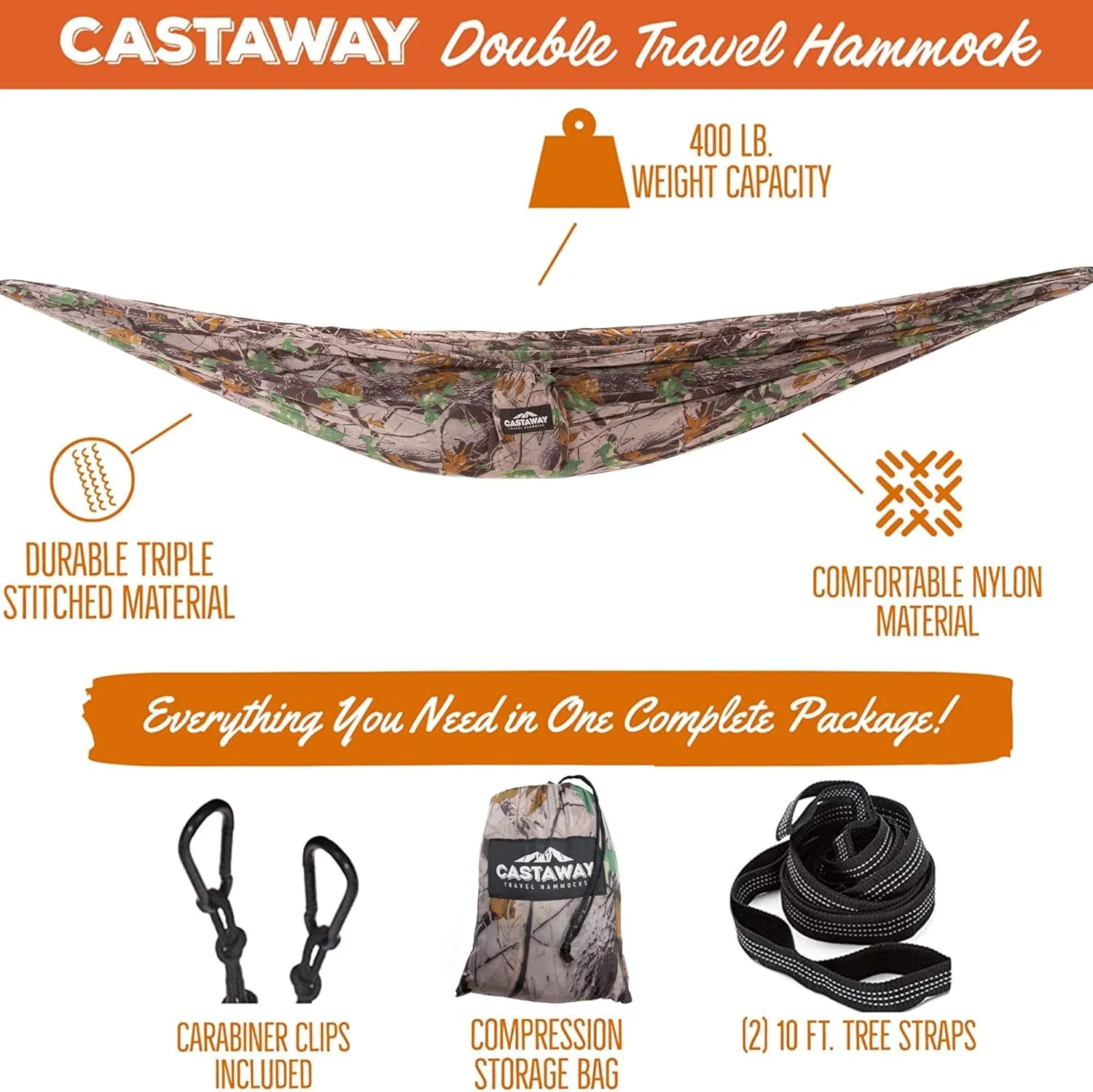 Castaway Travel Hammocks Double Camouflage Camping Hammock with 2 Tree Straps, Triple Stitched Durable Nylon Material, Compact Design for Backpacking, Travel, Beach, Backyard, Patio, Hiking