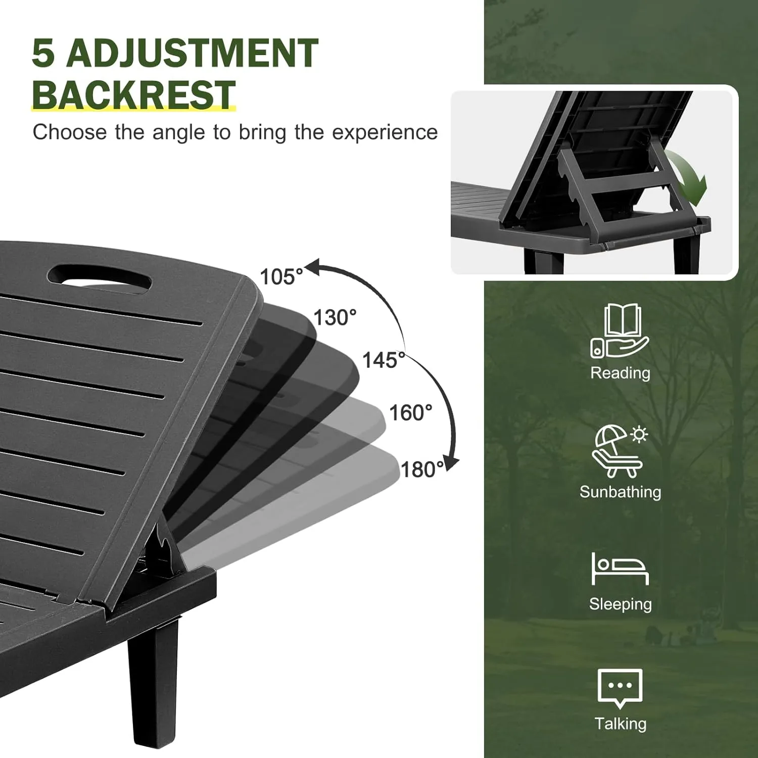 CDCASA Outdoor Chaise Lounge Set of 2, Pool Lounge Chairs w/5 Adjustable Positions & Side Tray, Waterproof Resin Lounges for Poolside,Yard,Garden,Sunbathing, for All Weather, Black