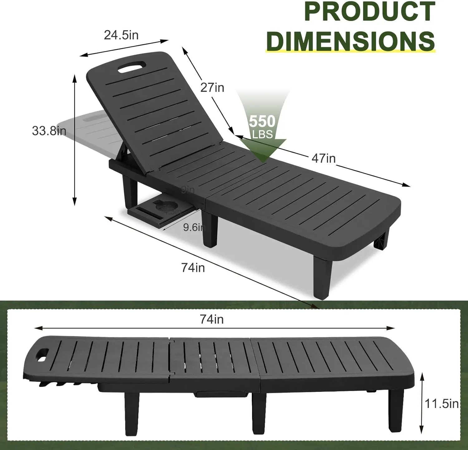 CDCASA Outdoor Chaise Lounge Set of 2, Pool Lounge Chairs w/5 Adjustable Positions & Side Tray, Waterproof Resin Lounges for Poolside,Yard,Garden,Sunbathing, for All Weather, Black