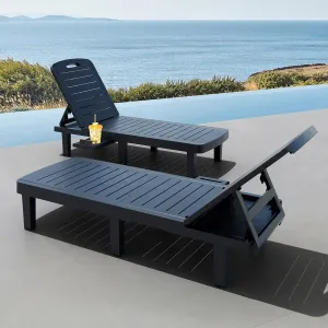 CDCASA Outdoor Chaise Lounge Set of 2, Pool Lounge Chairs w/5 Adjustable Positions & Side Tray, Waterproof Resin Lounges for Poolside,Yard,Garden,Sunbathing, for All Weather, Black