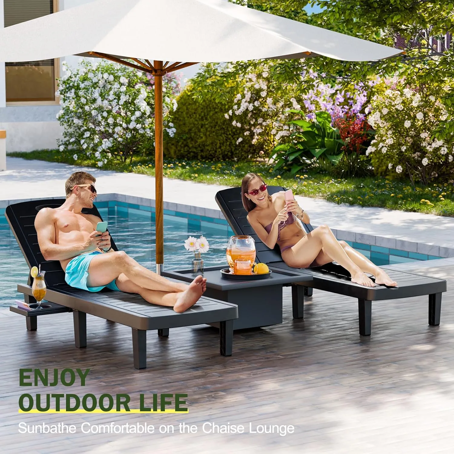 CDCASA Outdoor Chaise Lounge Set of 2, Pool Lounge Chairs w/5 Adjustable Positions & Side Tray, Waterproof Resin Lounges for Poolside,Yard,Garden,Sunbathing, for All Weather, Black