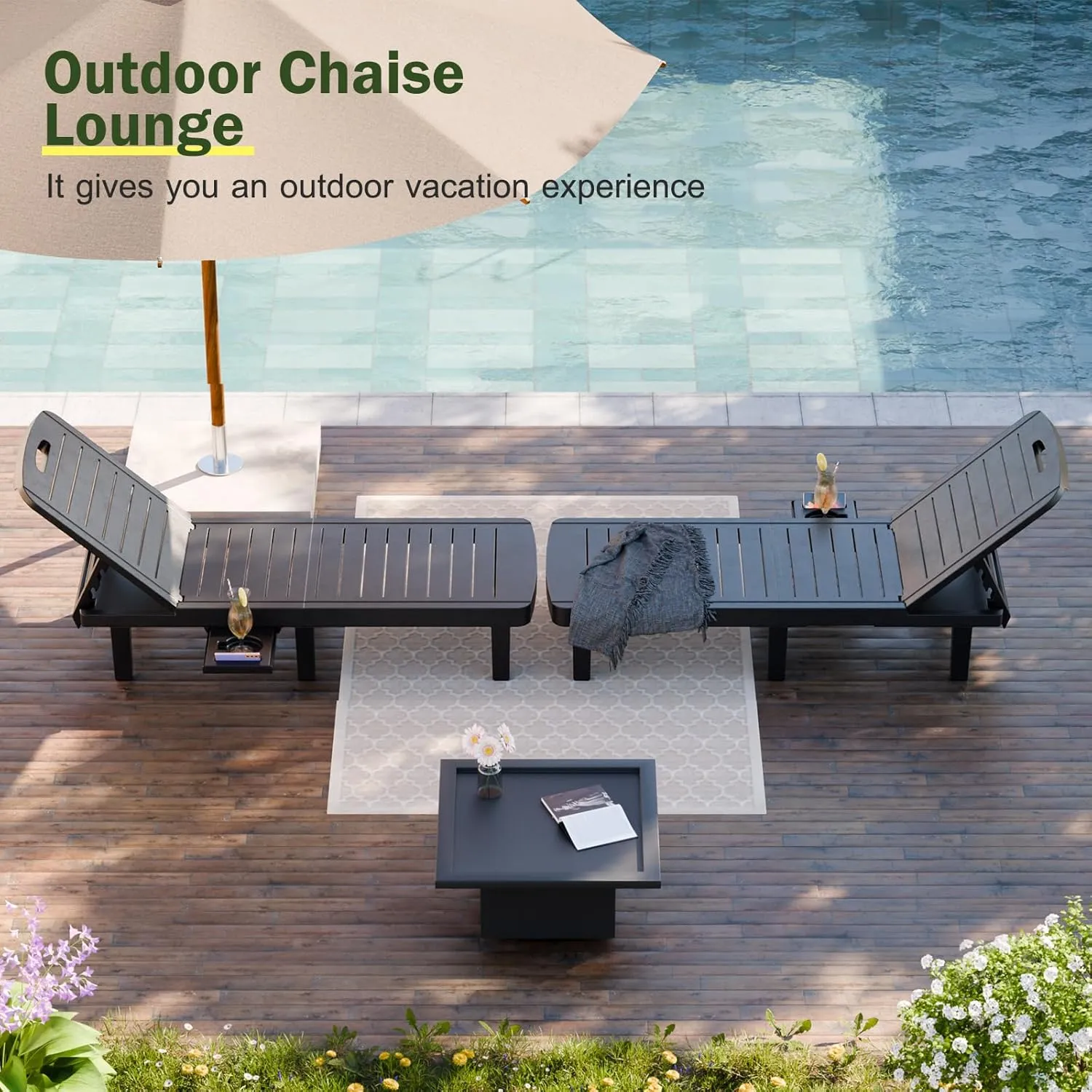 CDCASA Outdoor Chaise Lounge Set of 2, Pool Lounge Chairs w/5 Adjustable Positions & Side Tray, Waterproof Resin Lounges for Poolside,Yard,Garden,Sunbathing, for All Weather, Black