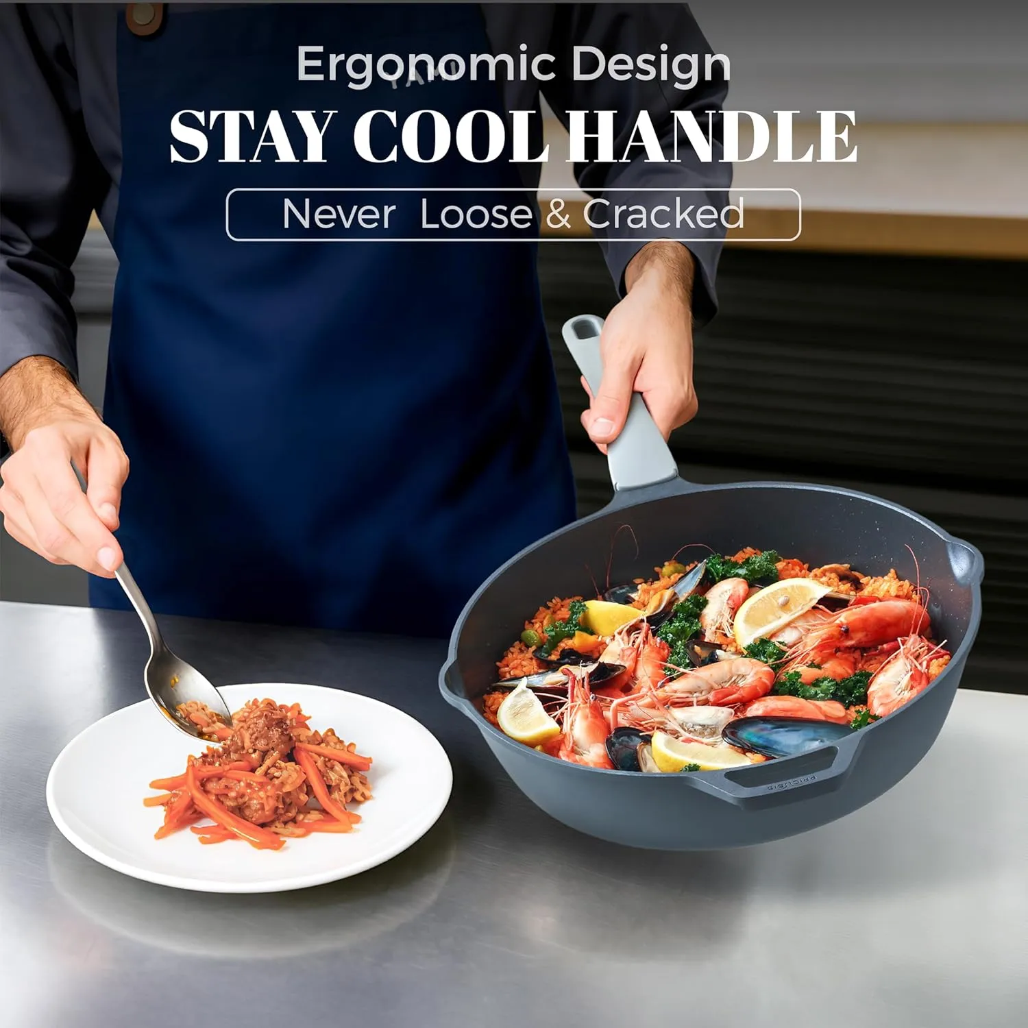 Ceramic Nonstick Deep Saute Pan with Lid, 10/12 Inch Non Toxic Pans with Double Pour Spout, Helper Handle and Lid, Metal Utennsil Safe, Dishwasher Safe, (10 Inch, Gray)