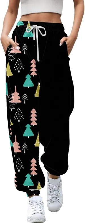 Christmas Sweatpants for Women 2024 High Waist Joggers Drawstring Elastic Fashion Pajamas Pants WOM