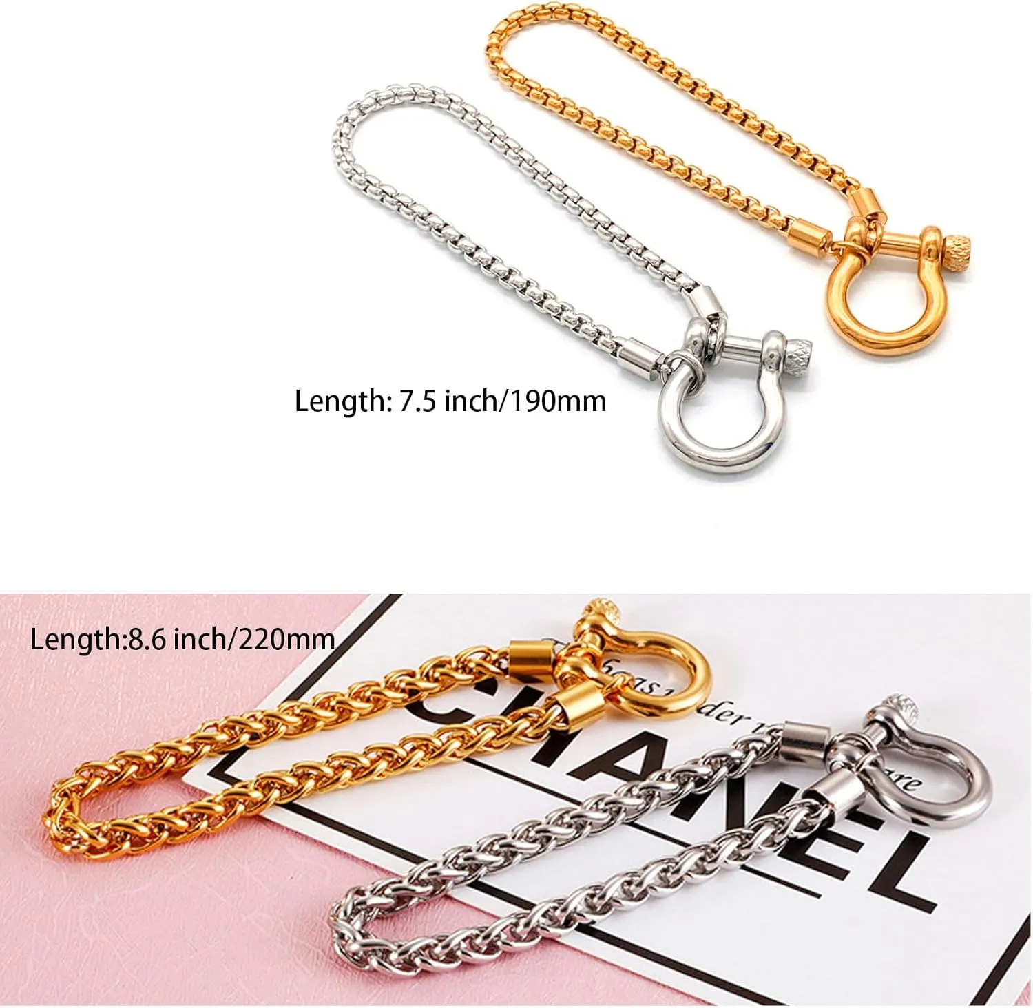 Chunky Charm Bracelet Stainless Steel Foxtail Wheat Chain Bracelet Heavy Screw Anchor Shackle Horseshoe Bracelets