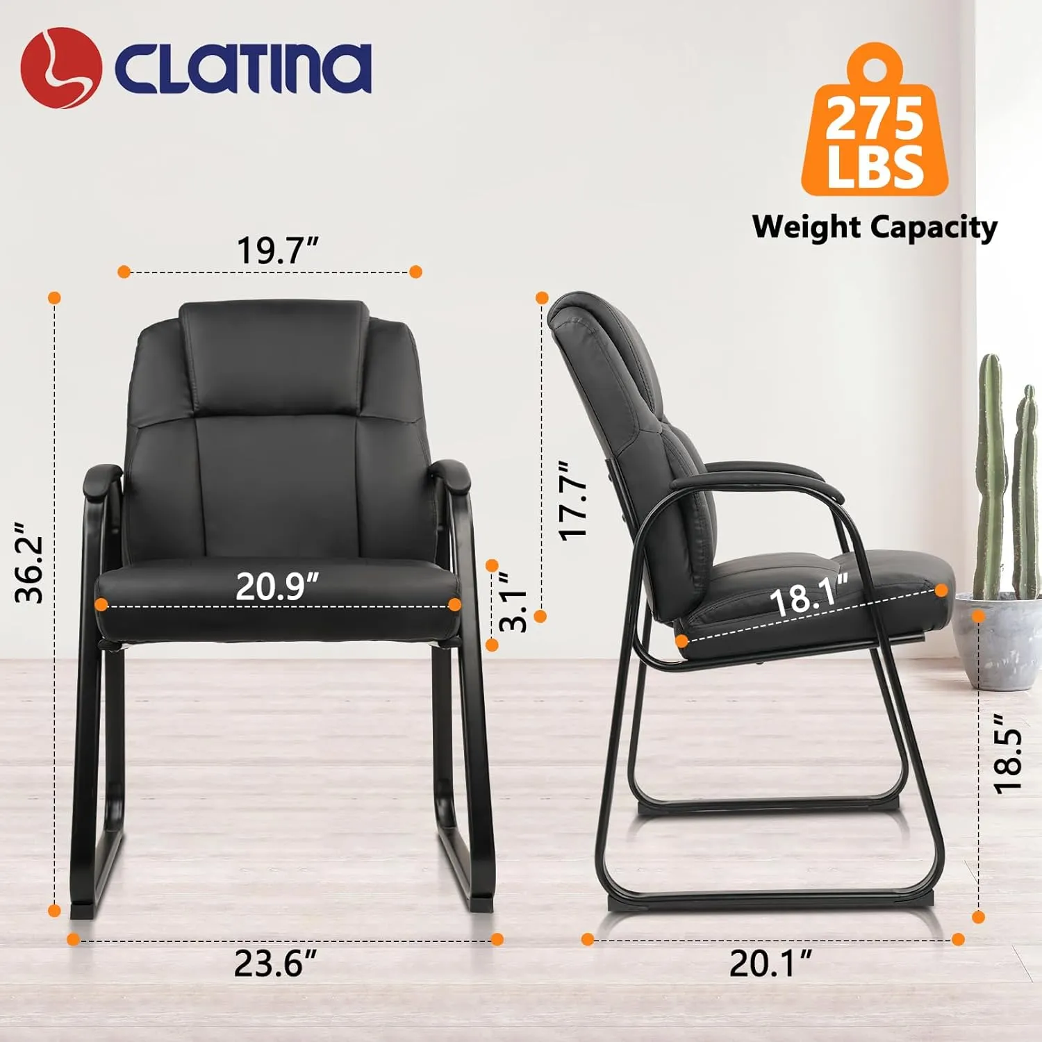 CLATINA Leather Guest Chair with Padded Arm Rest for Reception Meeting Conference and Waiting Room Side Office Home Black with Sled Base 1 Pack