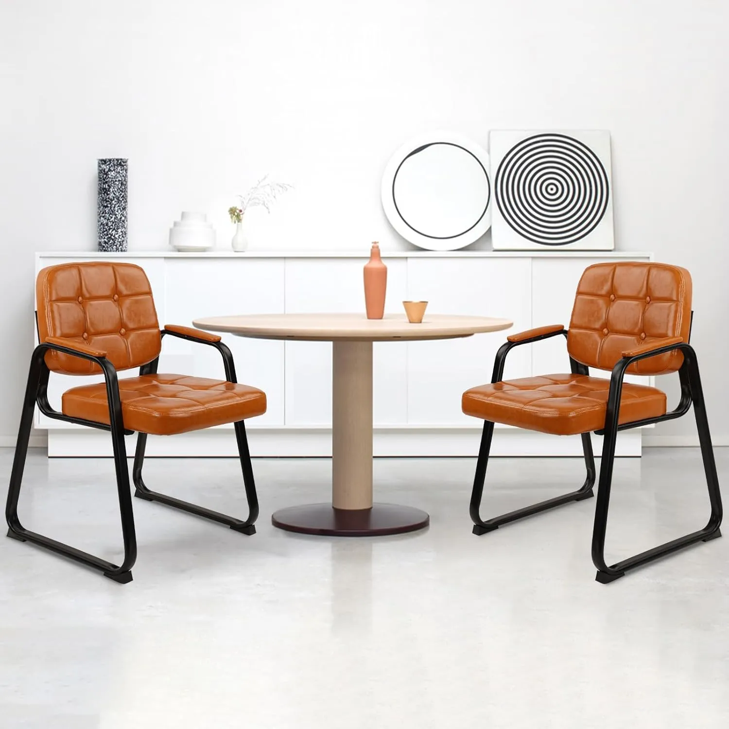 CLATINA Office Guest Chair, Leather Reception Chairs with Padded Arms, Desk Chair No Wheels Stationary for Conference Lobby Waiting Room Training Side Elderly, Set of 2-Orange
