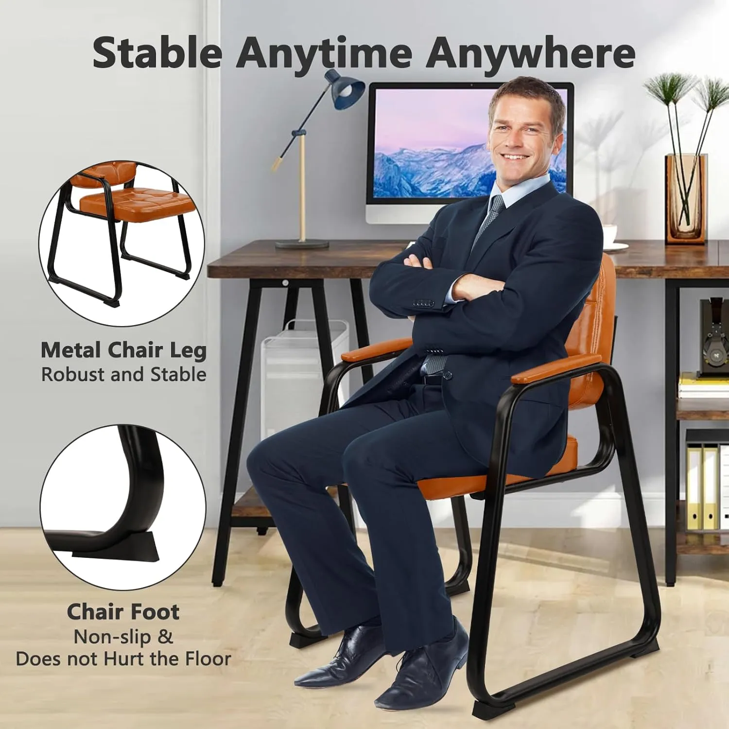 CLATINA Office Guest Chair, Leather Reception Chairs with Padded Arms, Desk Chair No Wheels Stationary for Conference Lobby Waiting Room Training Side Elderly, Set of 2-Orange