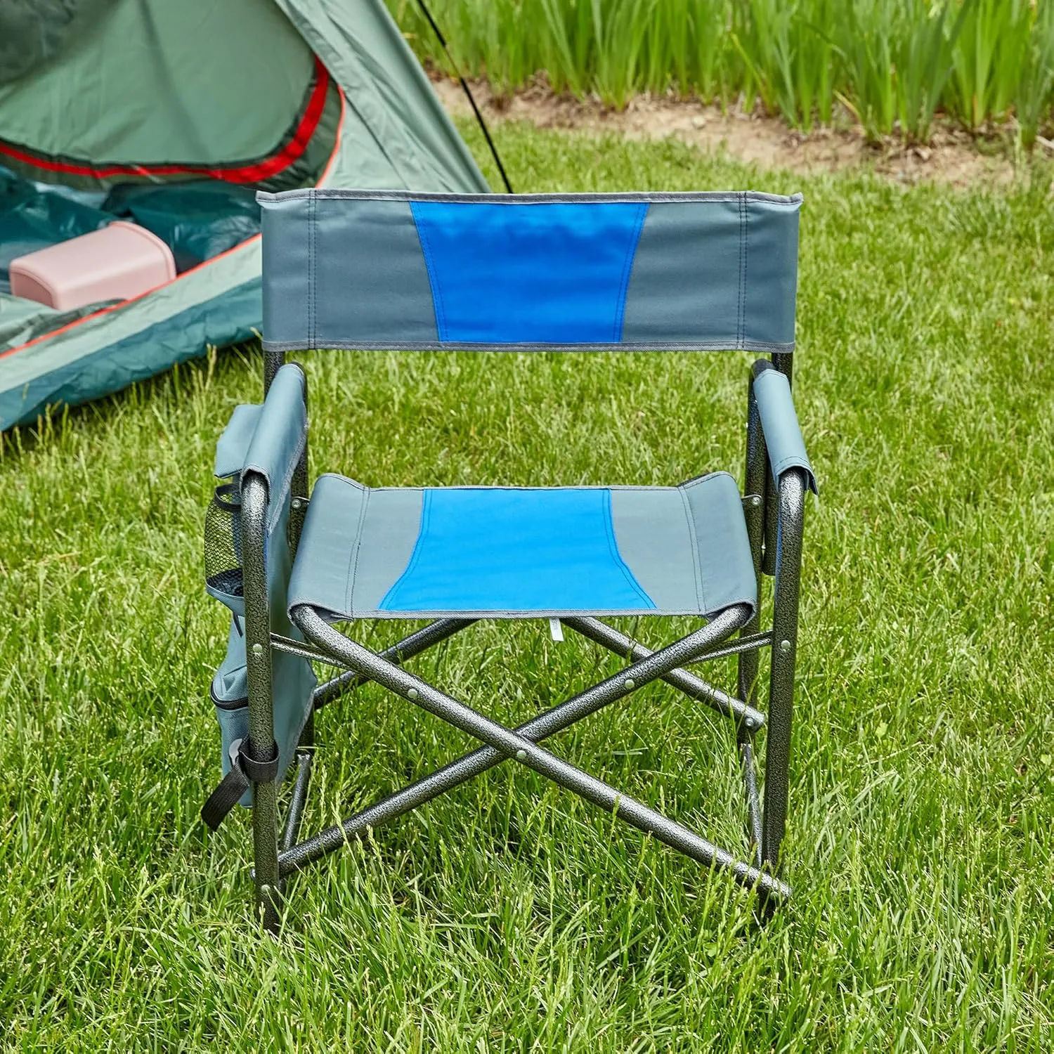Comfortable and Lightweight Padded Folding Chair with Storage Pocket, Durable for Outdoor Camping, Picnics, and Fishing, Blue/Grey