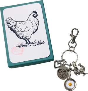 Crazy Chicken Lady Key Chain Purse Tag Adorable Frying pan with Egg, Chicken and Heart Charms