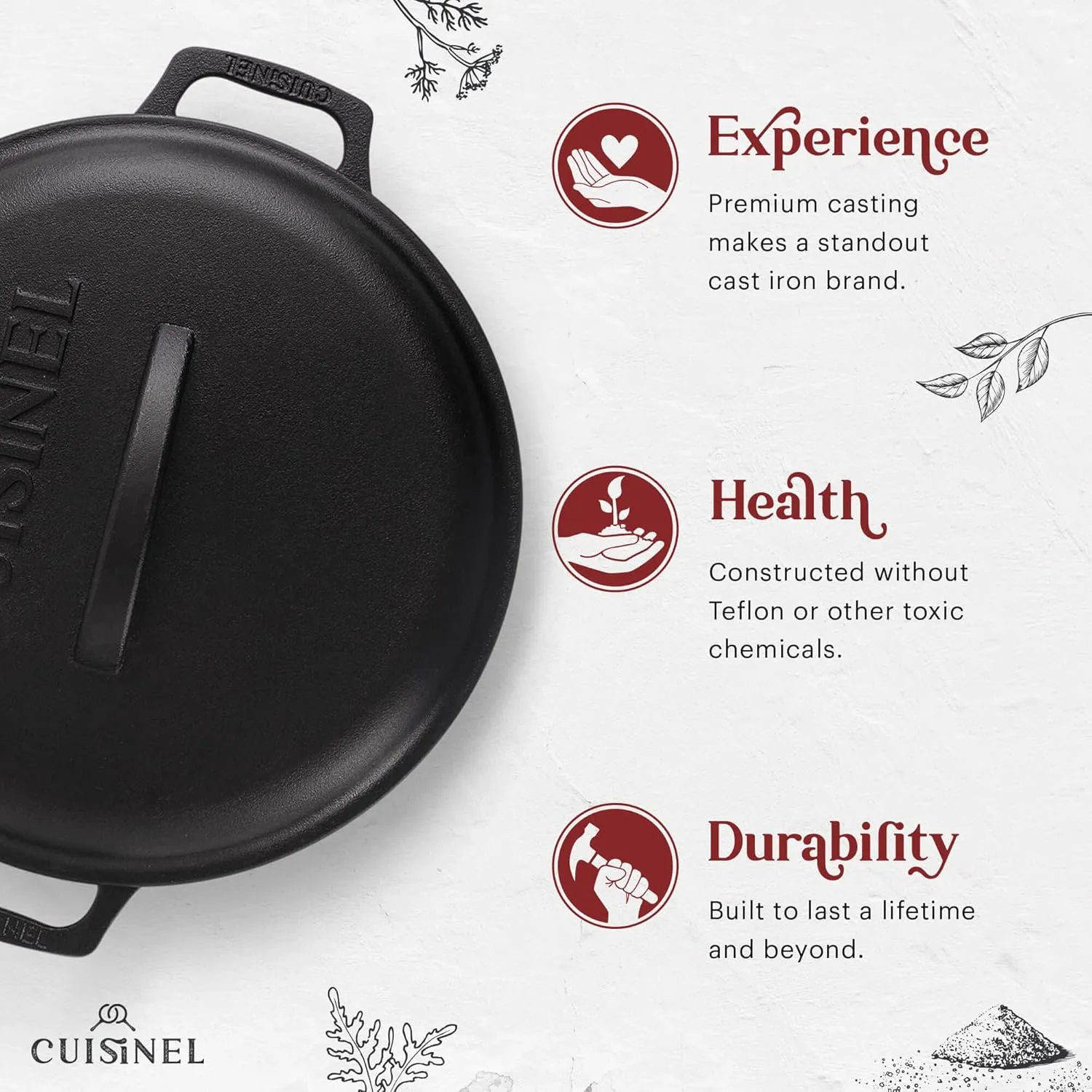 Cuisinel Cast Iron Dutch Oven - 7-Quart Deep Pot   Lid   Pan Scraper   Handle Covers - Large Pre-Seasoned Cooker for Baking Bread, Soup, Frying - Indoor/Outdoor Kitchen, Camping, Fire, BBQ Safe