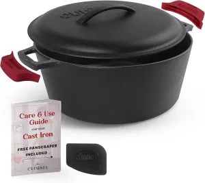 Cuisinel Cast Iron Dutch Oven - 7-Quart Deep Pot   Lid   Pan Scraper   Handle Covers - Large Pre-Seasoned Cooker for Baking Bread, Soup, Frying - Indoor/Outdoor Kitchen, Camping, Fire, BBQ Safe
